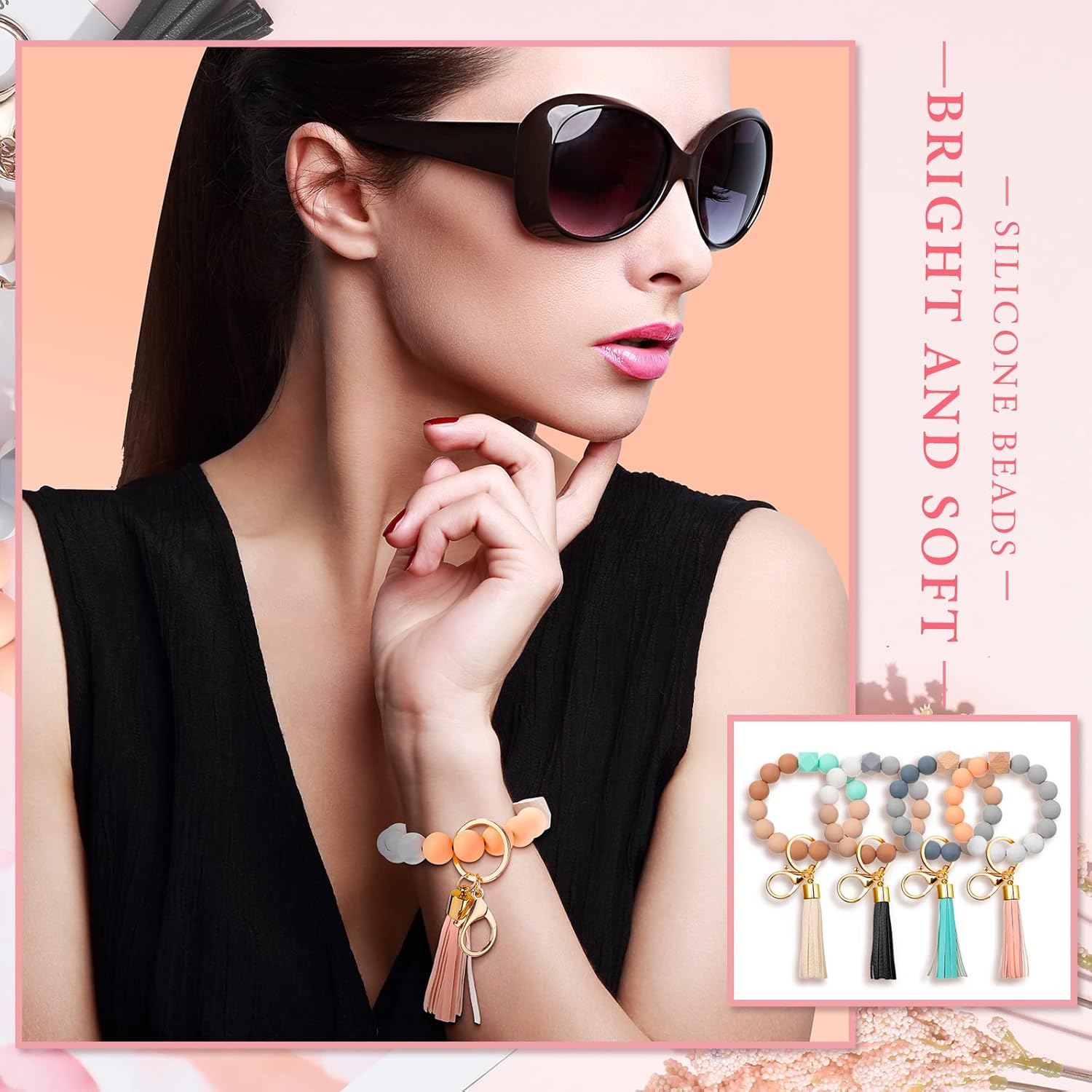 Miniatura 2 de 4 llaveros de silicona con cuentas y llavero circular para mujer, llavero redondo portátil, llavero elástico con borla de cuero para adultos unisex