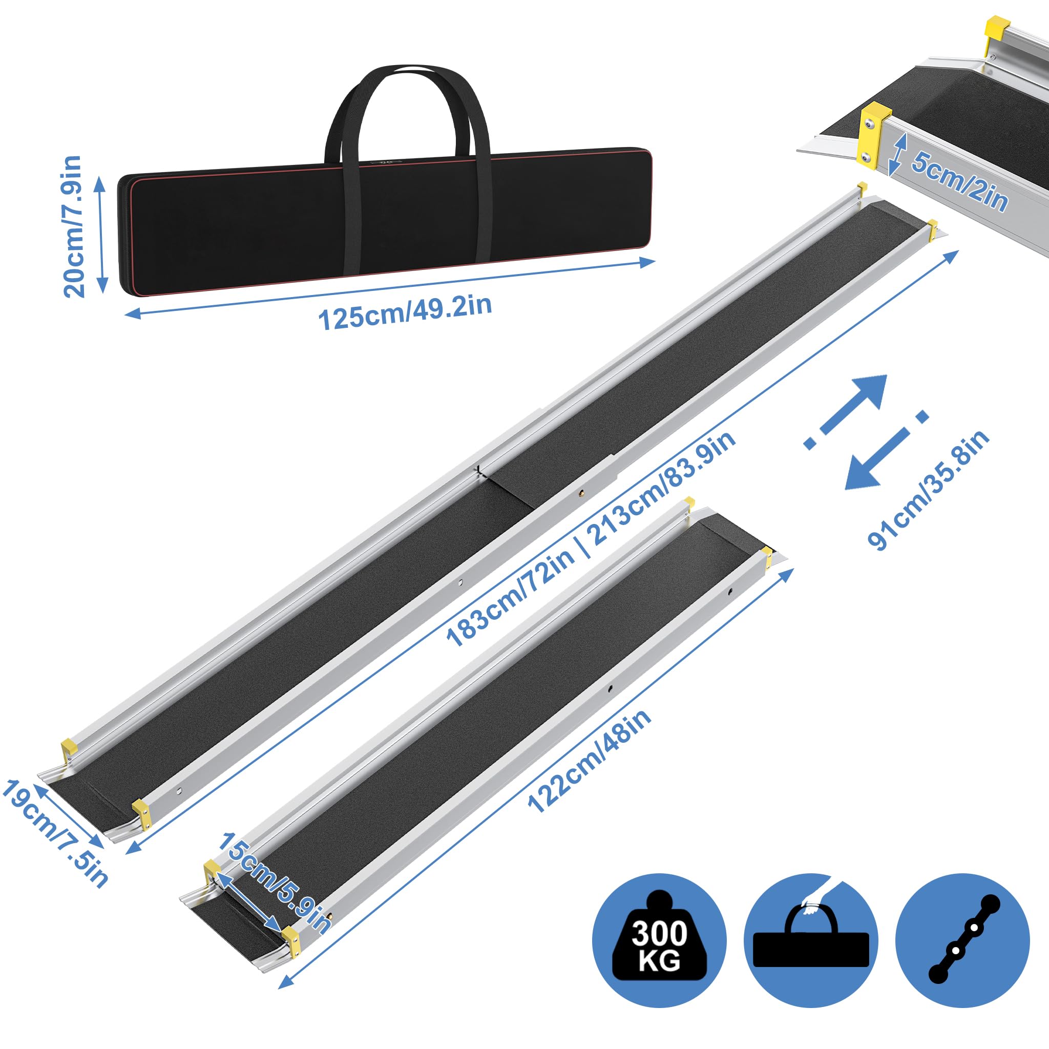 XMTECH Rampa telescópica de aluminio con revestimiento antideslizante y bolsa de almacenamiento, rampa de carga ajustable con 300 kg, para escaleras, obstáculos, casa, pasos