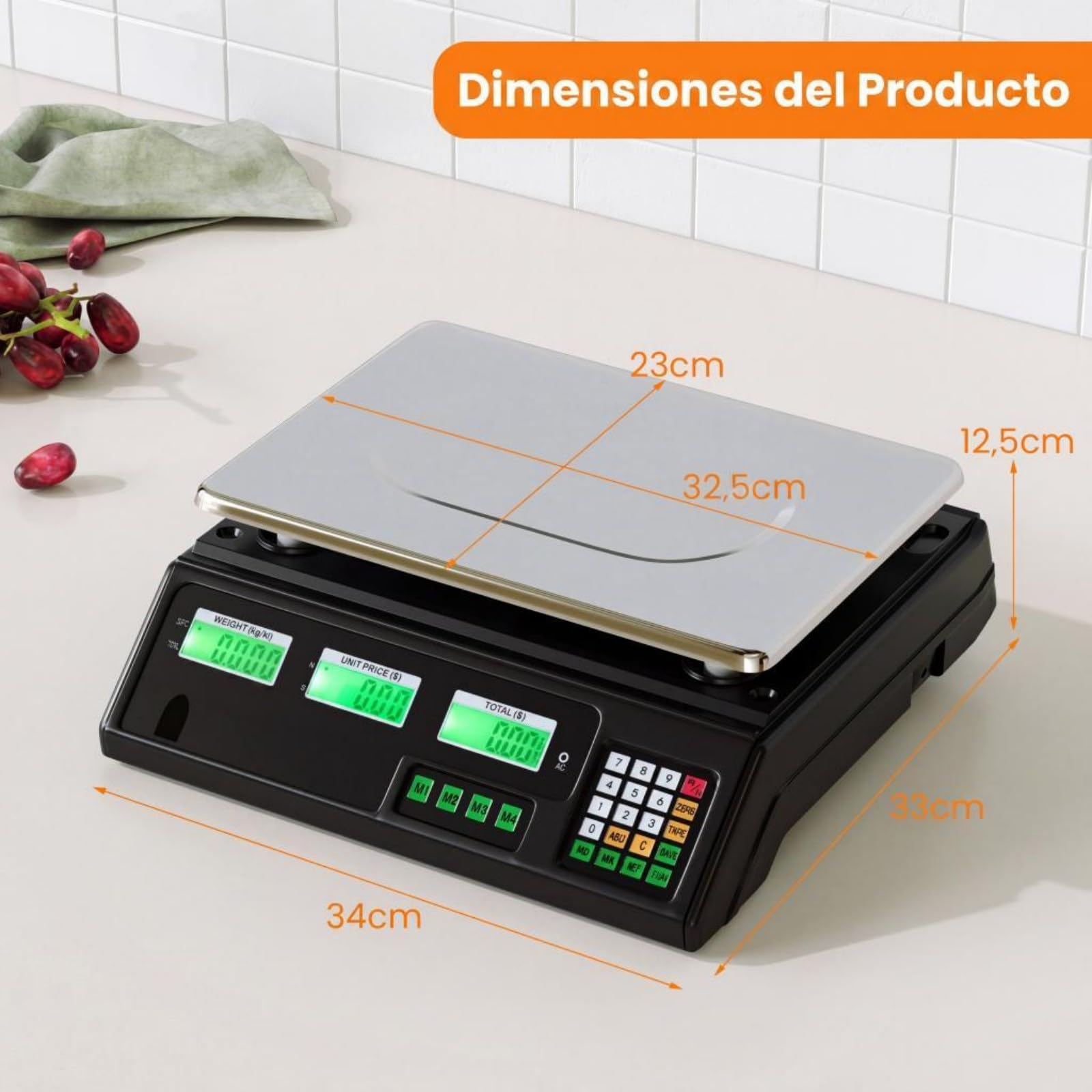 COSTWAY Báscula Digital 40 kg/5g, 7 Funciones de Tara y Recuento | Pantalla LCD, Balanza Portátil Acero Inoxidable, Batería Recargable,Báscula de Comercio, Ideal para Tienda y Frutería