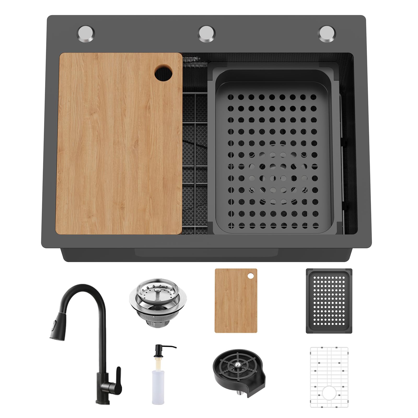 Évier de cuisine noir cuve simple en acier inoxydable avec robinet complet