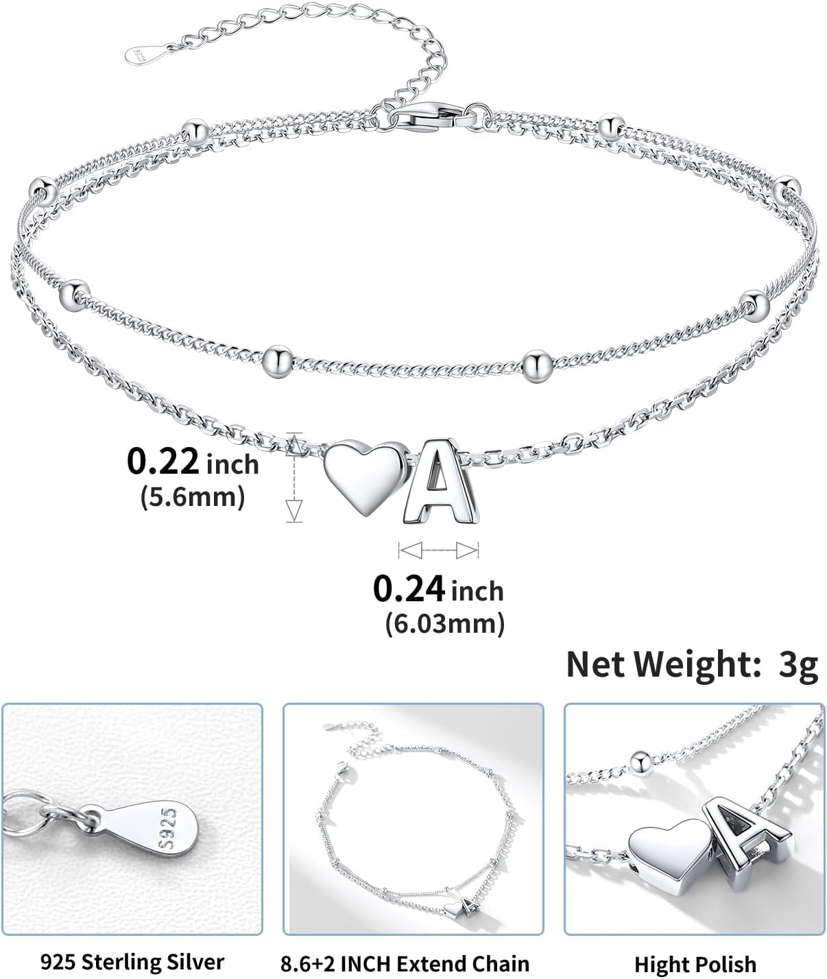 SILVERCUTE Silver Anklets for Women, Waterproof Initial Heart Ankle Bracelets Sterling Silver, Adjustable Layered Foot Jewelry Summer Beach Fashion with Personalized Name Design, Gift Package