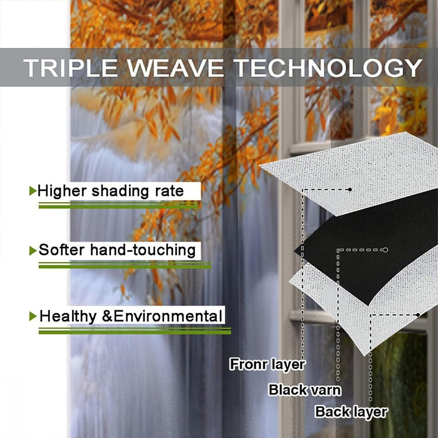 Landscape Curtains, Window View Autumn Leaves Waterfall Blackout Window Treatments, Rod Pocket Thermal Insulated Drapes 2 Panel Sets for Bedroom Living Room Kitchen, 42" W X 45" L