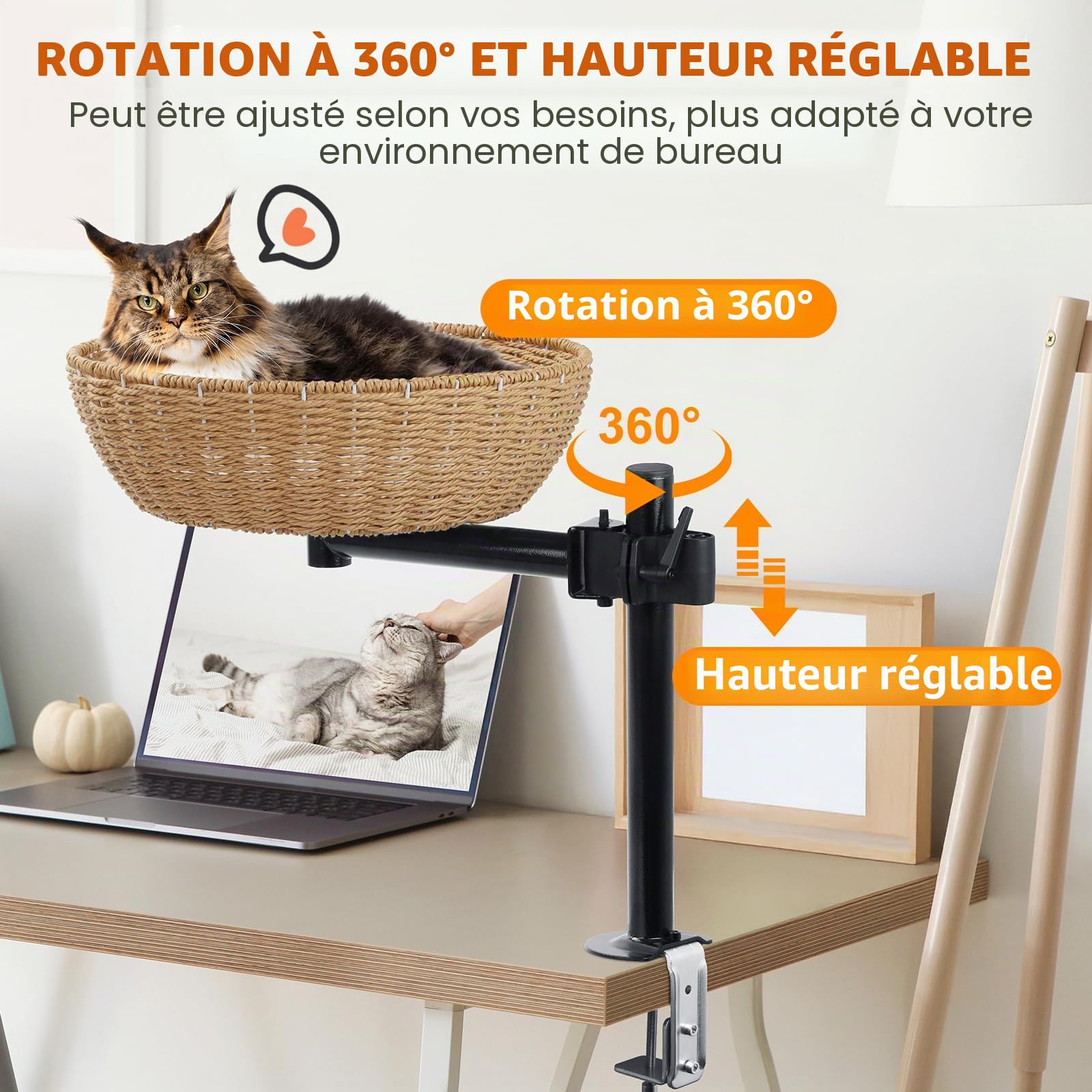 Lit pour chat bureau Rotation 360° Haute réglable Pas de perçage Maison surélevée Garde proche Espaces de travail propre.