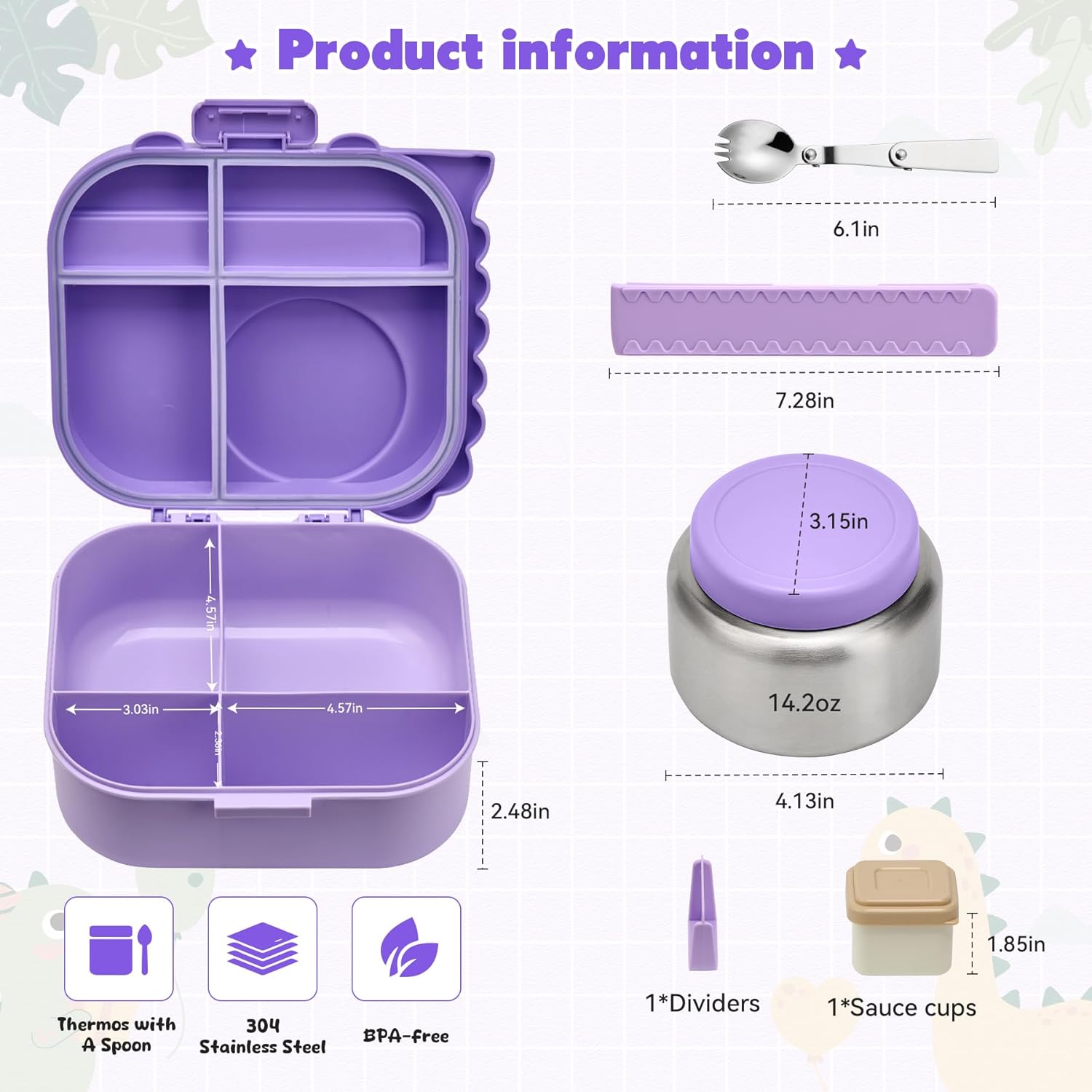 Bento Lunch Box with Thermo, 4-Compartment Bento Box with Adjustable Dividers, Leakproof Dinosaur Lunch Box with 14.2OZ Insulated Food Jar & Sauce Jar, for School Office Travel (Purple) - Image 6