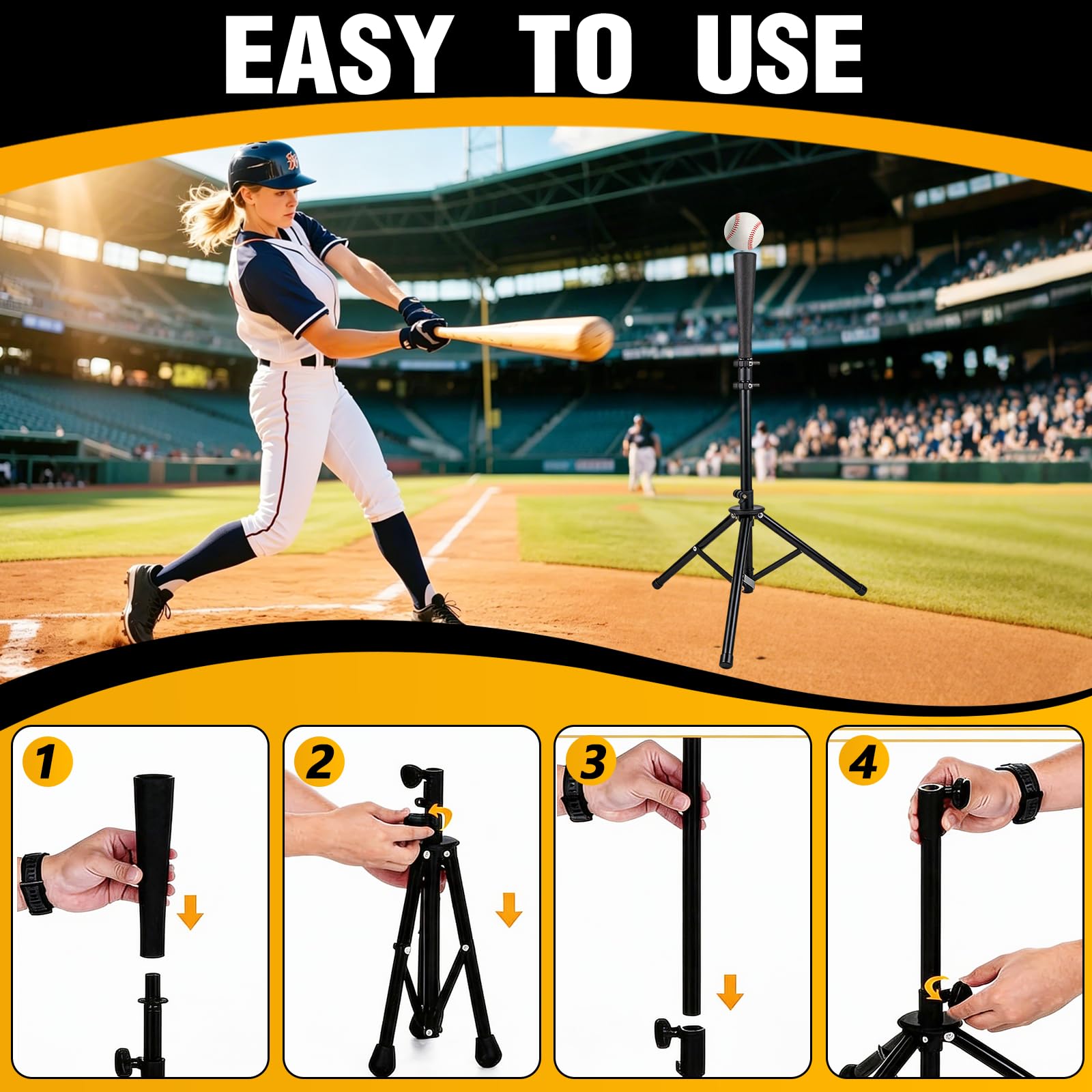 BRGD Noir Tee de Baseball avec Trépied, T-Shirt de Baseball et Softball Portable avec Sac Transport pour Terrains, Stades, Aires de Jeux, Cours Intérieures, Parcs, H : 72 à 121cm