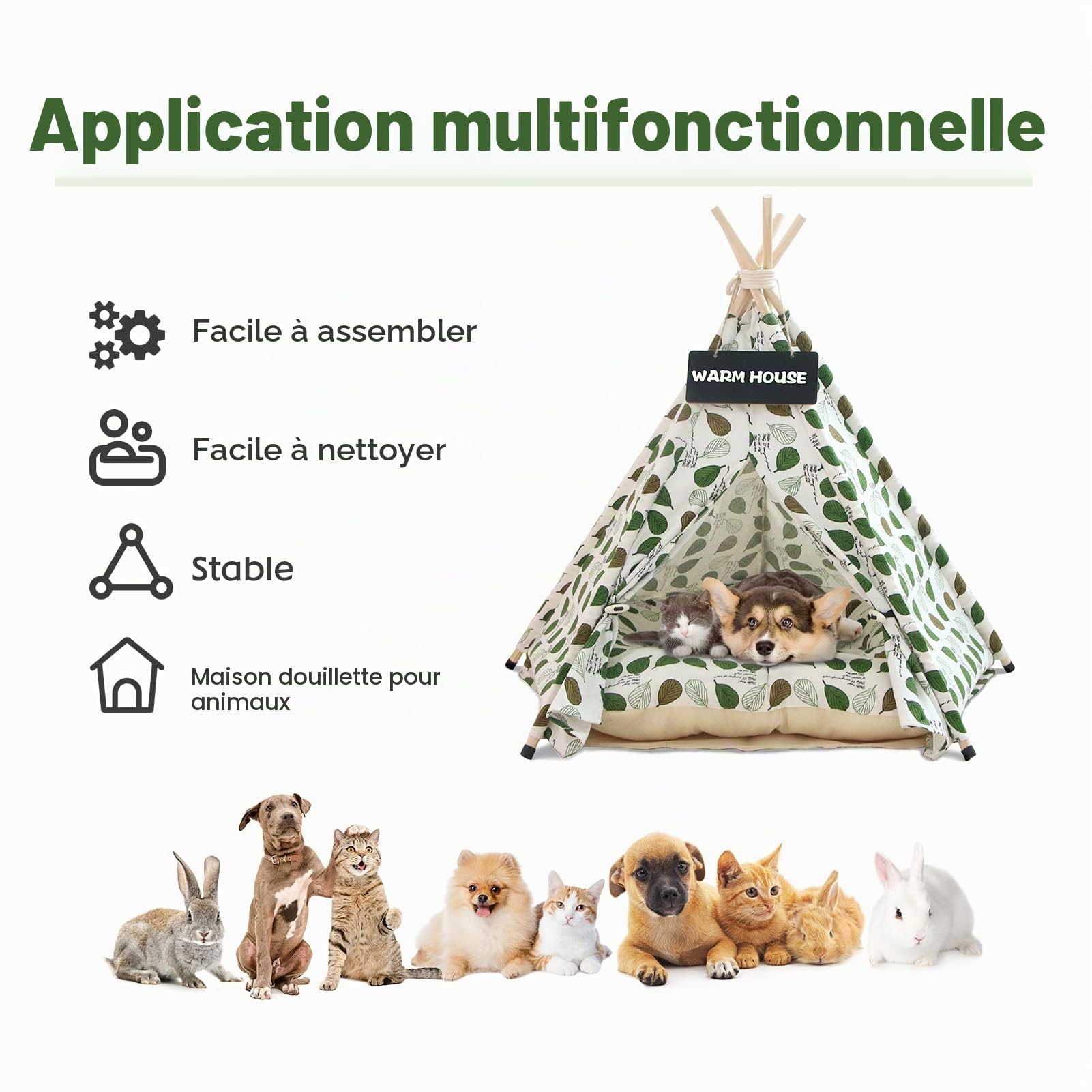 Tipi Chien Chat de Comgagnie avec Coussin,Tent Tipi de Luxe,Niche Chien et Chat Intérieur,Maisons pour Chat avec Petit Tableau Noir (Green Leaf)