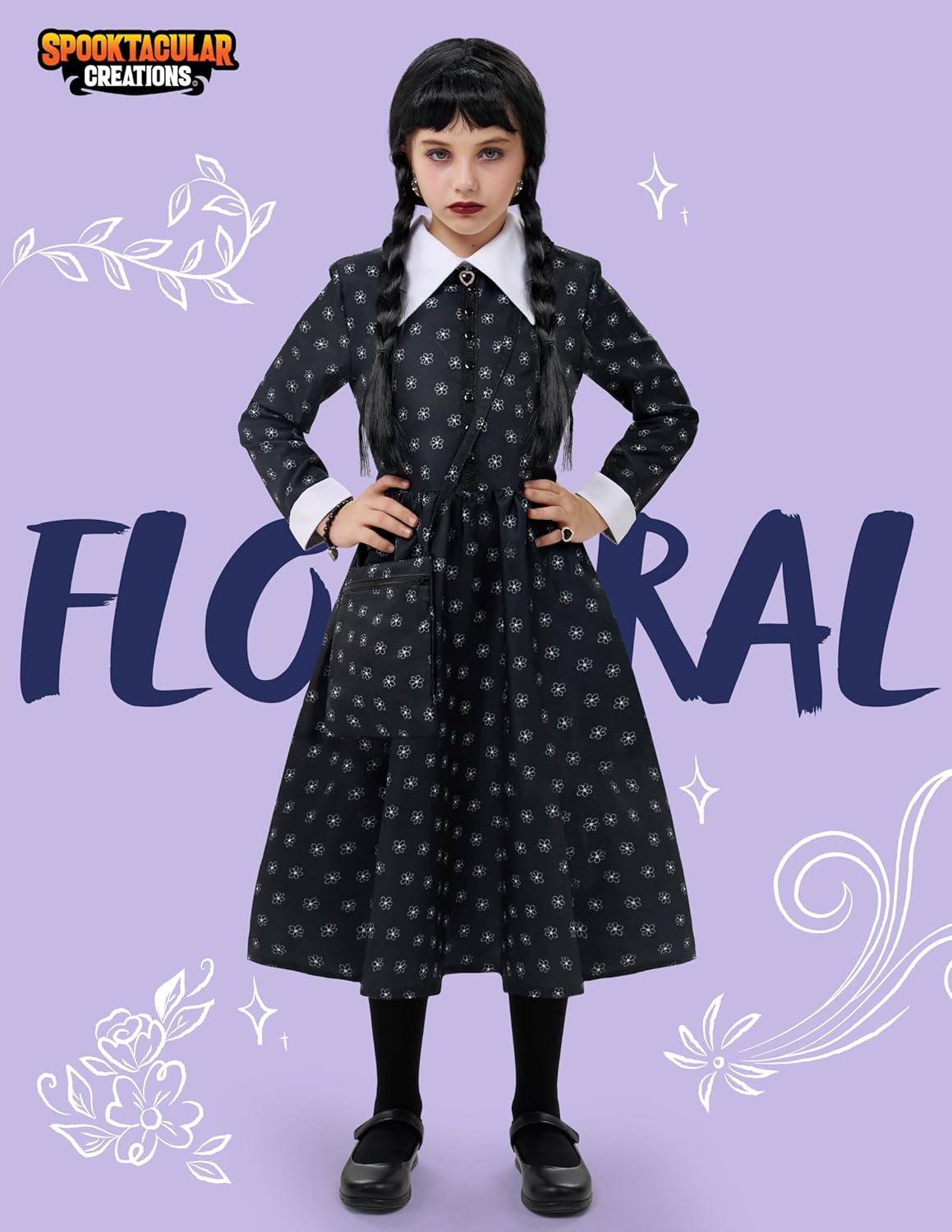 Spooktacular Creations Girls Halloween Black Costume, Black Floral Print Dress with Wig and Stocks for Kids Halloween Dress - Image 2
