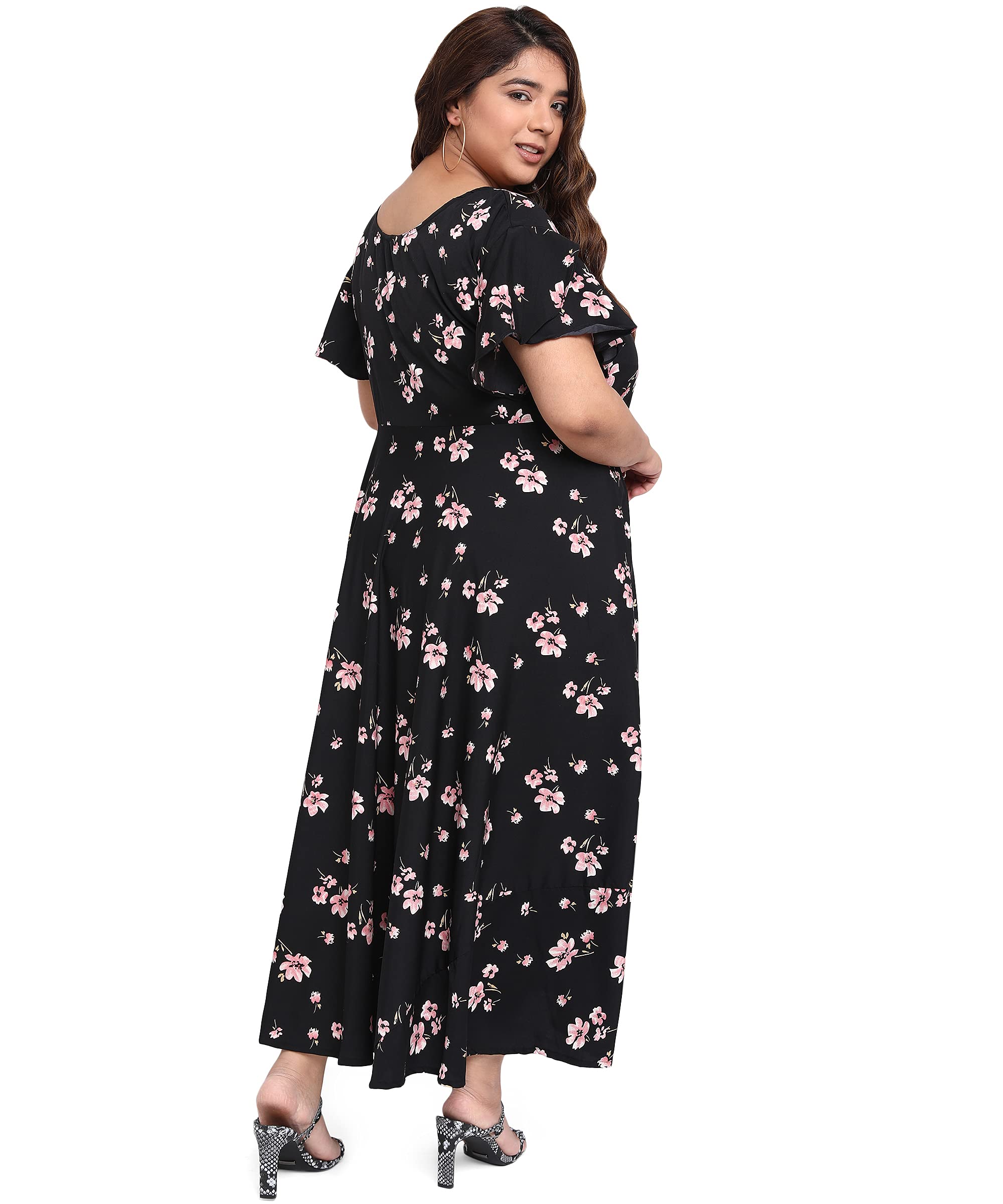 Oomph Women's Western & Fusion Wear Crepe A-Line Maxi Plus Size Dress - Soot Black - Od250_8Xl