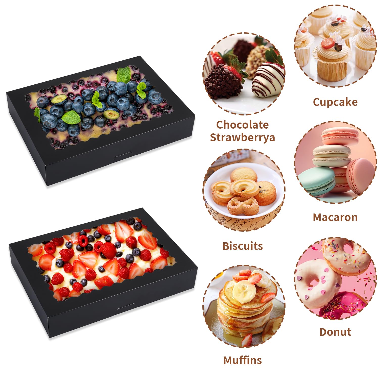 24 cajas de galletas, cajas grandes de panadería de 14 x 10 x 2.5 pulgadas con ventana para pasteles, chocolate, fresas, magdalenas, donas, pasteles, postres, Navidad (negro)