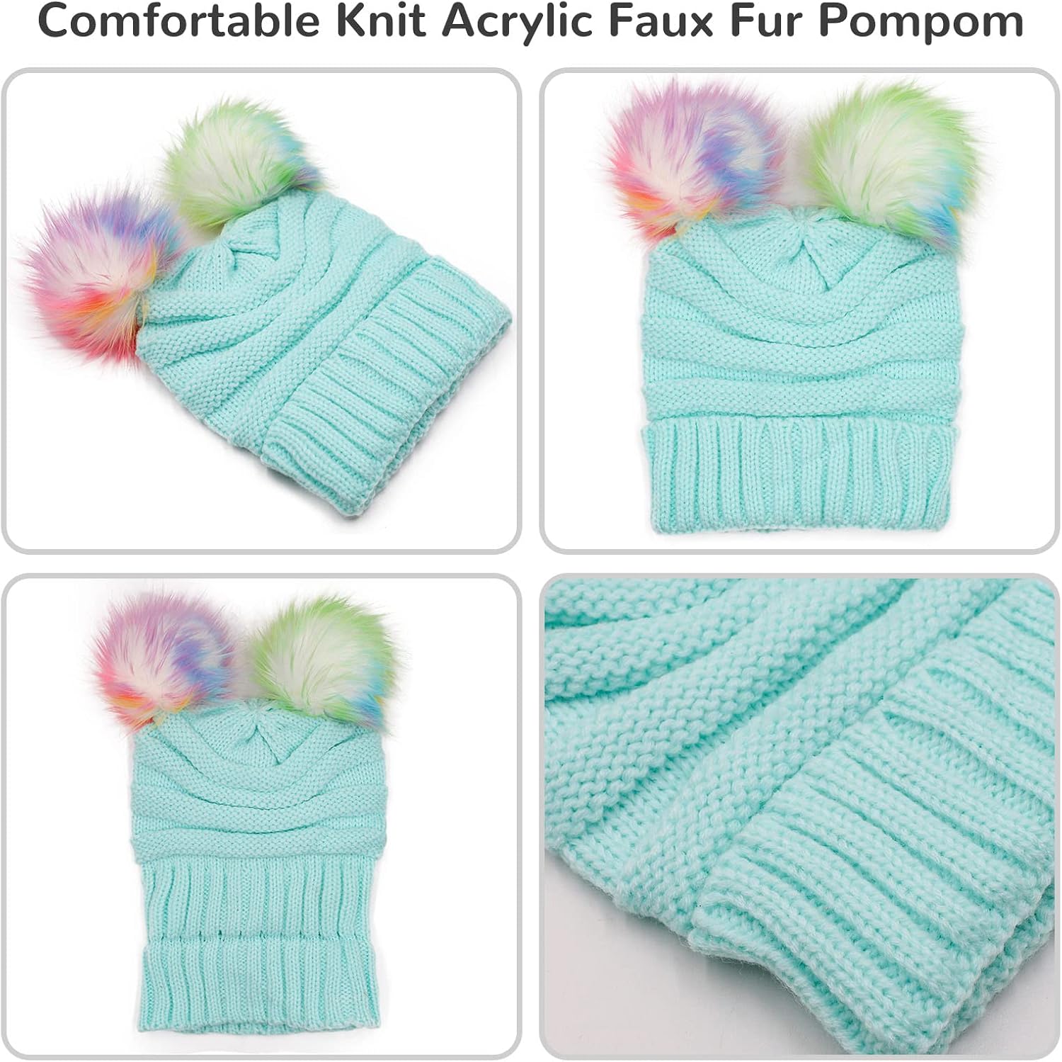 ACTLATI Kids Winter Knitted Beanie Hat Colorful Pompom Ears Ski Hat for Boy Girl(Ages 7-12)
