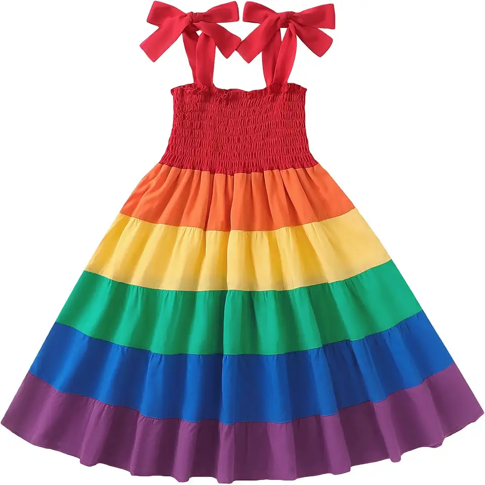 Vestido infantil infantil sem mangas com babados e alças de amarrar em camadas, vestido de praia para adolescentes, casual, evasê