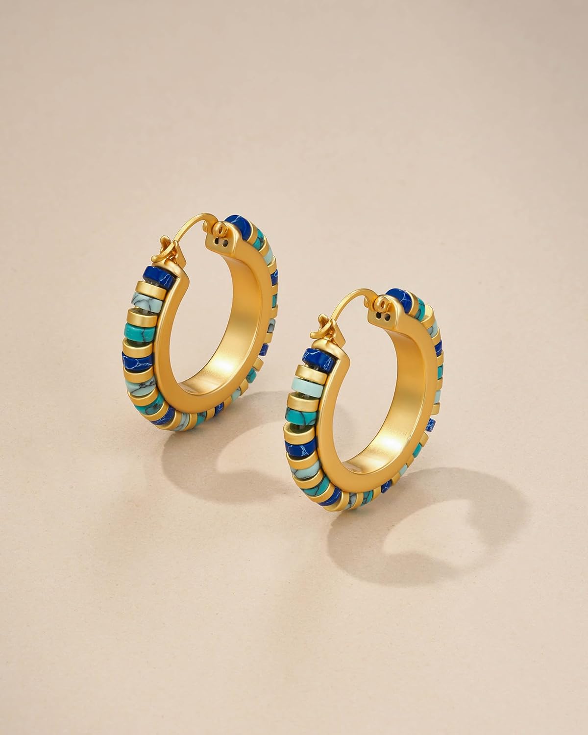 Large 18K gold plated Teal Blue Beads Natural Stone Dangling Hoop Huggie Statement Earrings for Women, Colorful Preppy Retro Bold Handmade Exaggerated Bohemian Turquoise Jewelry Gifts, Vintage Unique Cute Baroque Dangly Drop Summer Beach Fashion Nickle Free Gemstone Rhinestone Earrings Accessories - Image 3
