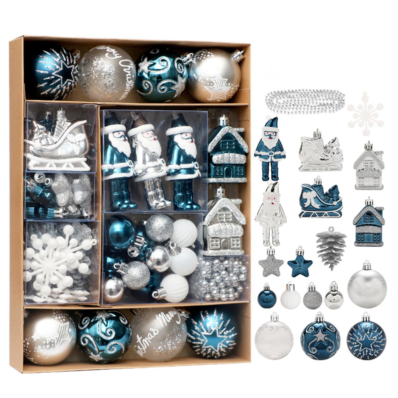 50pcs Christmas Ball Ornaments for Xmas Tree, Christmas Small Baubles Plastic Shatterproof Christmas Ornaments Set Hanging Ball Decorations for Christmas Holiday Party Decor, Blue White Silver