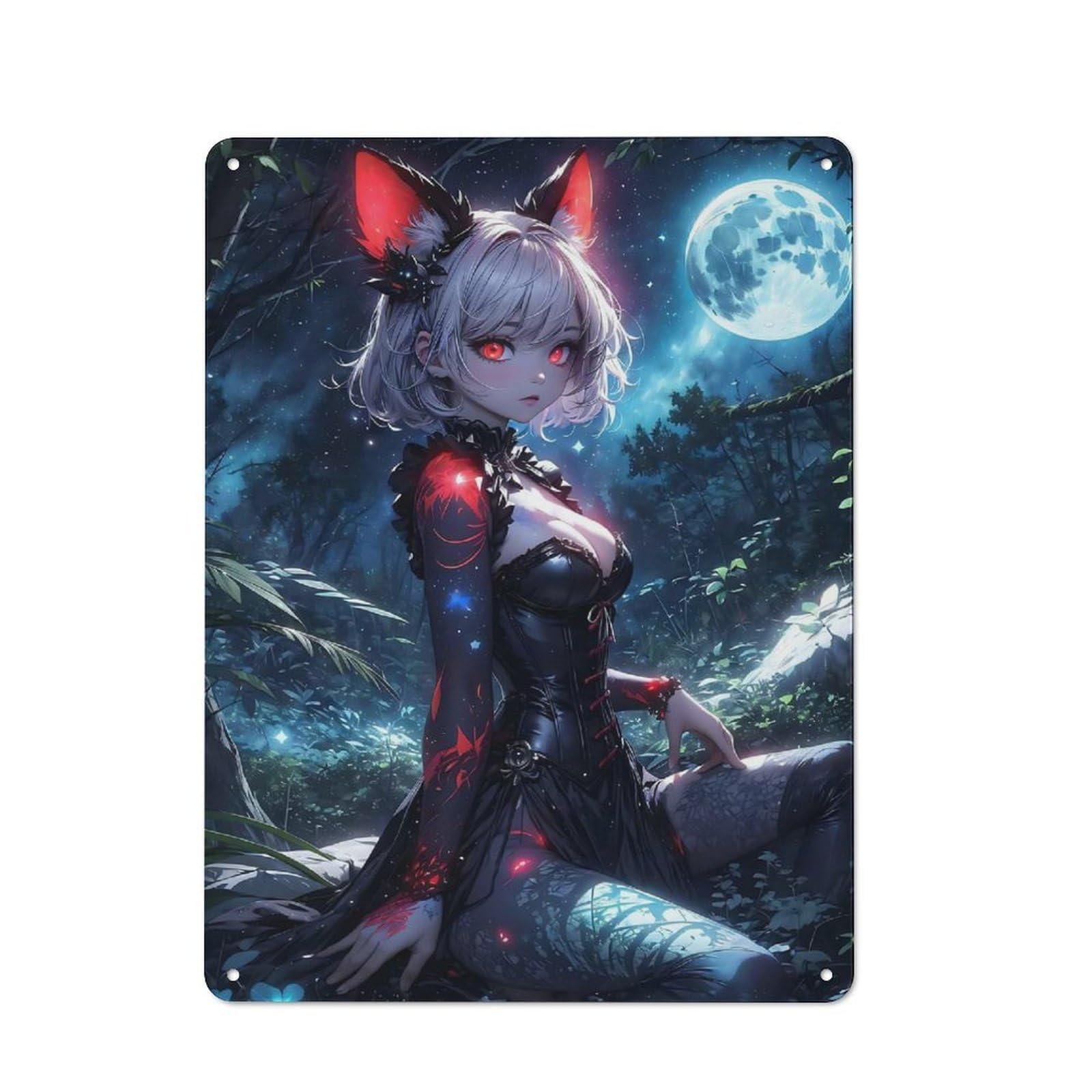 Junmoney Girls Style-3 Retro Metal Sign With Anime Moonlight Cat Design 40X30cm, Weathered Look Shed Wall Plaque For Garage, Workshop, Shed Or Utility Room