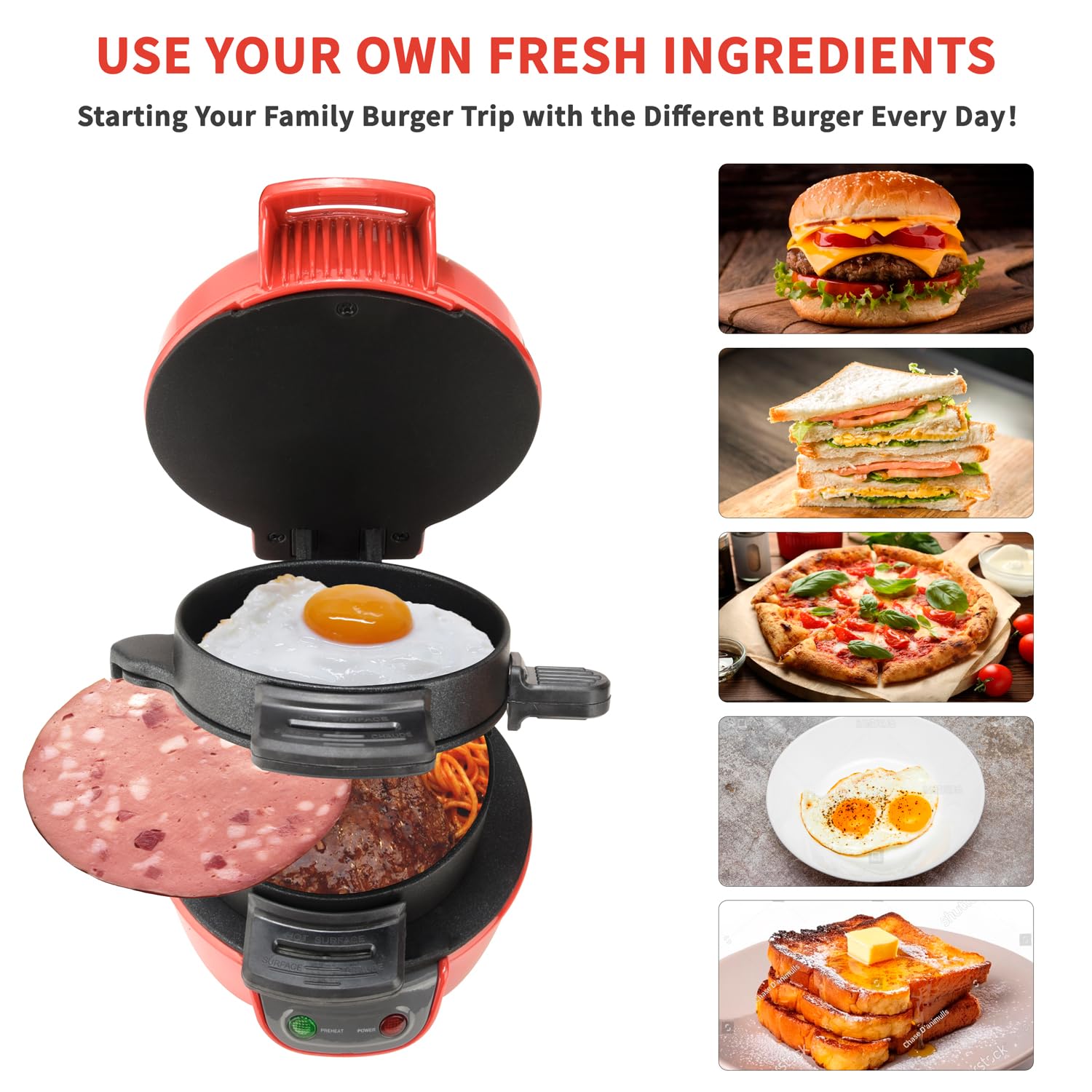 HENYEER Sandwich Toaster Burger Maker, con anelli per uova e timer, efficienti piastre riscaldanti antiaderenti con rivestimento in ceramica antiaderente, perfette per hamburger, etc (Rosso)