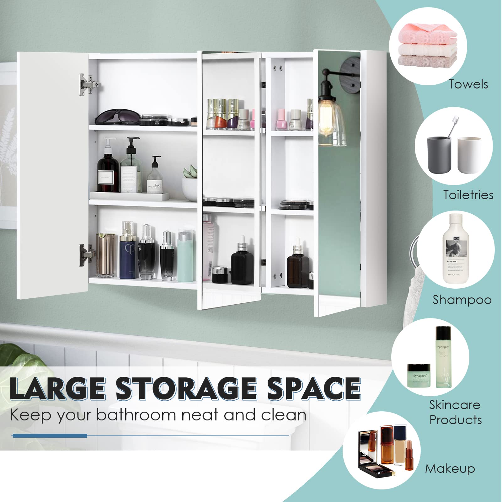 Armadietto Bagno Con Specchio 3 Ante - 90x65cm, 2 Ripiani Regolabili, Pensile Bianco, Specchiera Multiuso - Foto 11