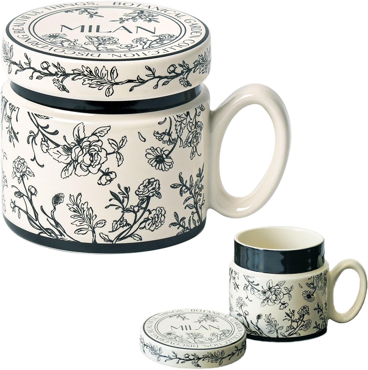 12.9oz Ceramic Coffee Mug with Lid,Flower Patterned Porcelain Mug,Ceramic Tea Cup Coffee Latte Mug for Office and Home,Black,1 Piece