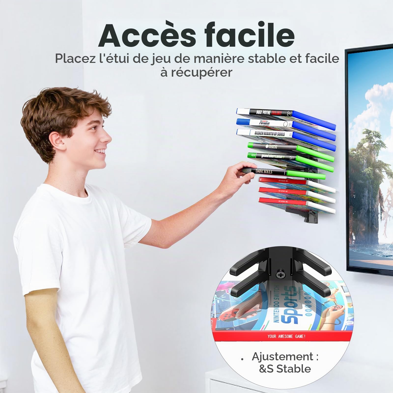 Support Mural de Rangement pour Boîtes de Jeux Vidéo, Rack à Jeux Universel pour Switch, Xbox 360/ Series X, Playstation 2/ 3/ 4/ 5, 3 Fentes Différentes pour Rangement Organisé et Stabilité Maximale