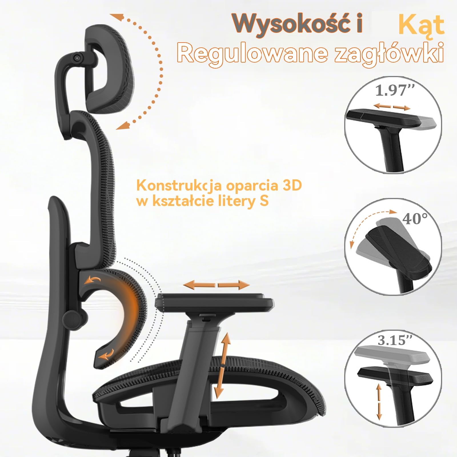 Ergonomiczne Krzesło Biurkowe,Wysokie Siatkowe Krzesło z wsparciem lędźwiowym 3-biegowym,podłokietnikami 3D,regulowanym zagłówkiem,obrotowe z funkcją nachylenia(Czarny)