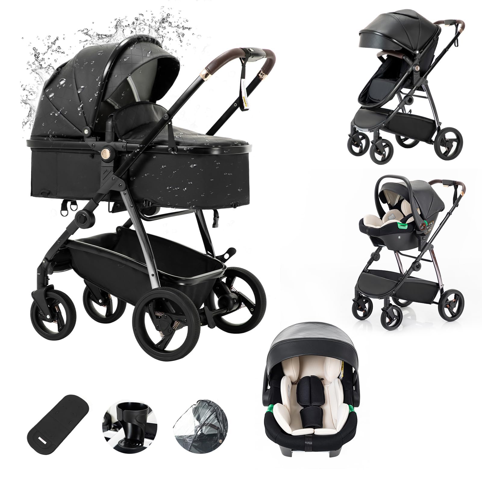 Passeggino 3 in 1 con Seggiolino Auto e Carrozzina, Grandi Ruote Assorbenti Urti per Bambini 0-36 Mesi Nero