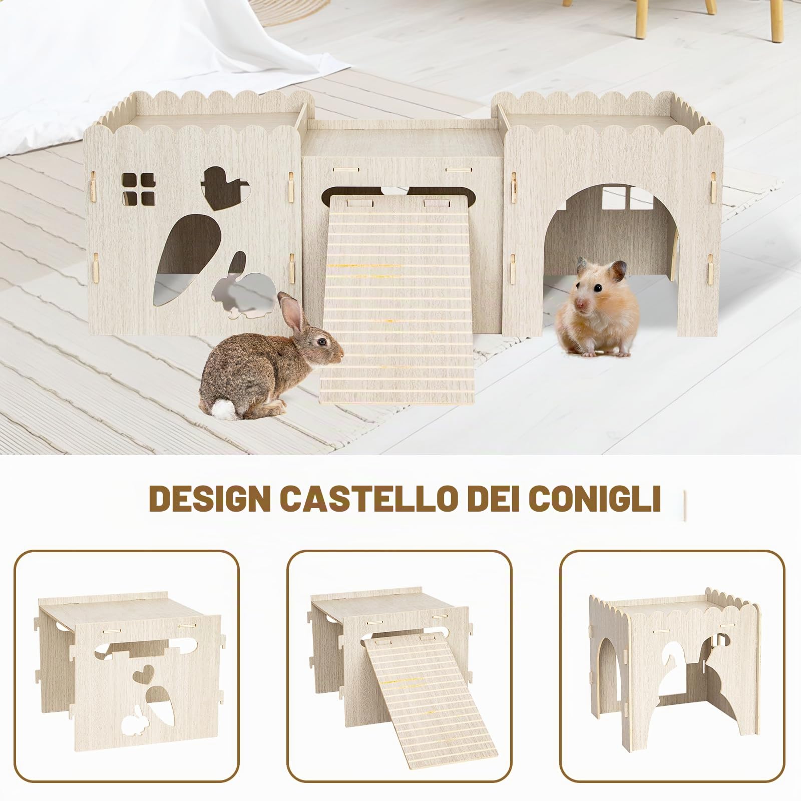 Castello per conigli, casetta in legno per conigli, robusta casetta per conigli, casetta in legno per rifugio per ricci, forniture per coniglietti (3 case)