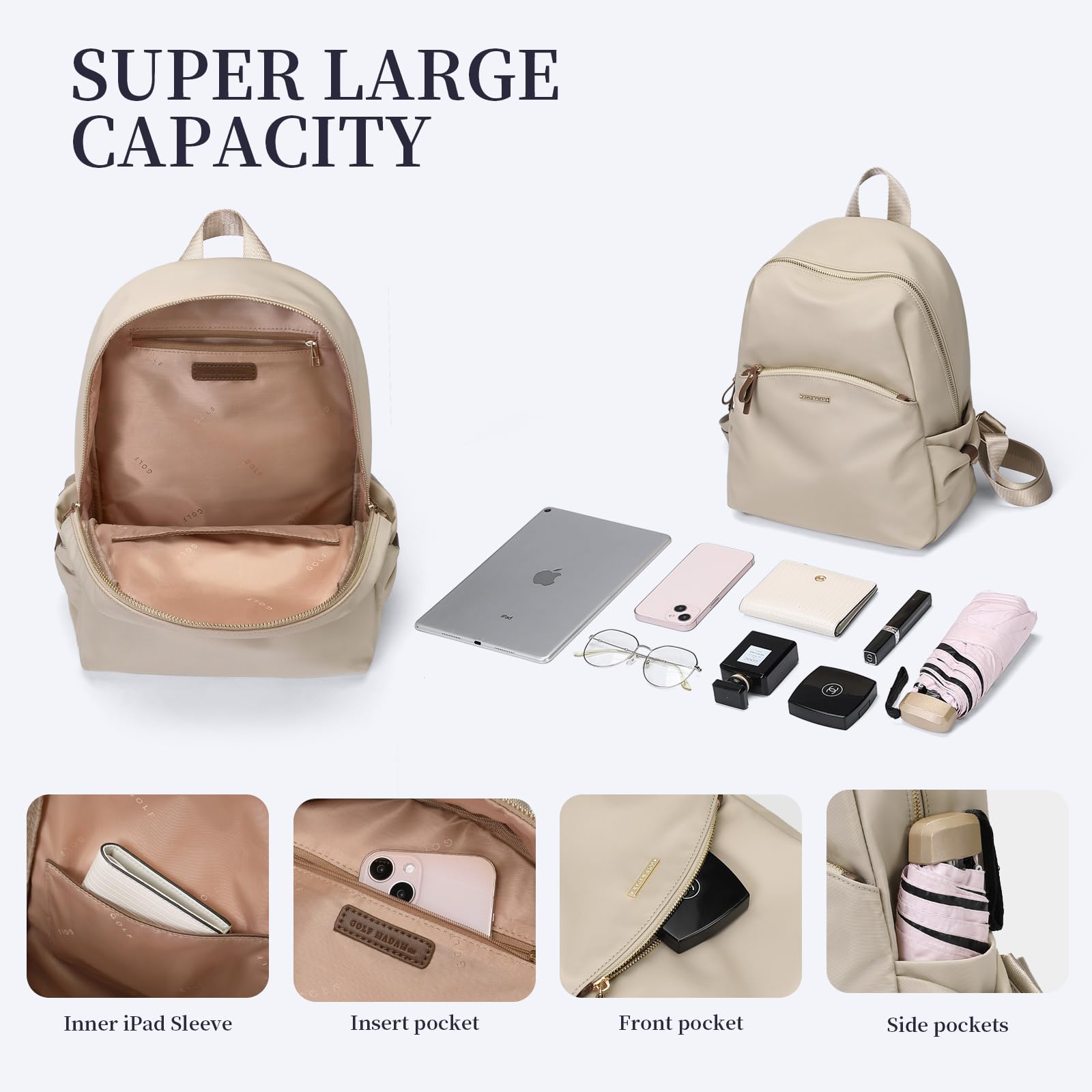 GOLF SUPAGS Stylish Backpack Purse for Women Casual Travel Daypack Mini Backpack Handbag Nylon Bookbag (Apricot)