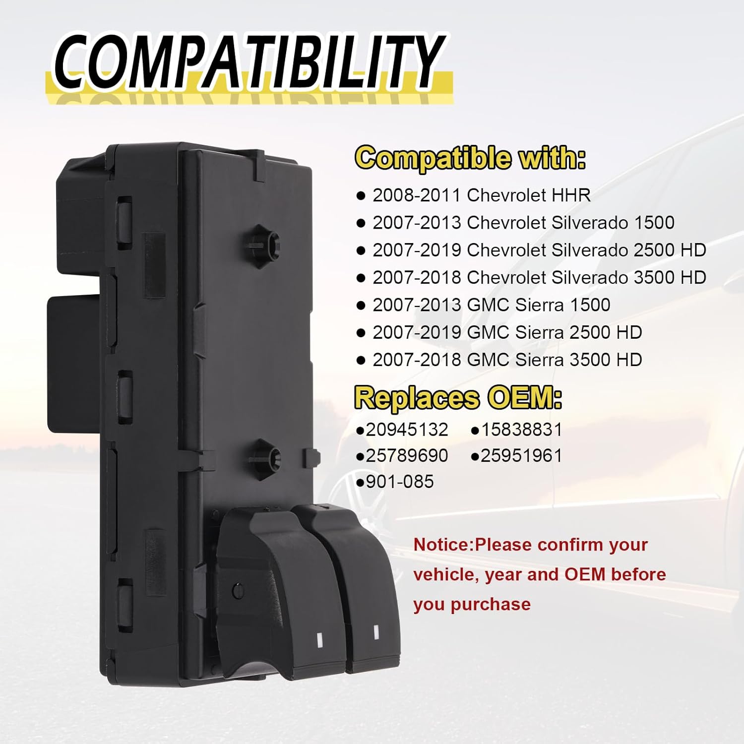 Vurkcy Front Left Driver Side 2 Door Power Window Switch Control Button Compatible with 2007-2019 Chevy Chevrolet HHR Silverado GMC Sierra 1500 2500 HD 3500 HD Replaces OEM 20945132 15838831
