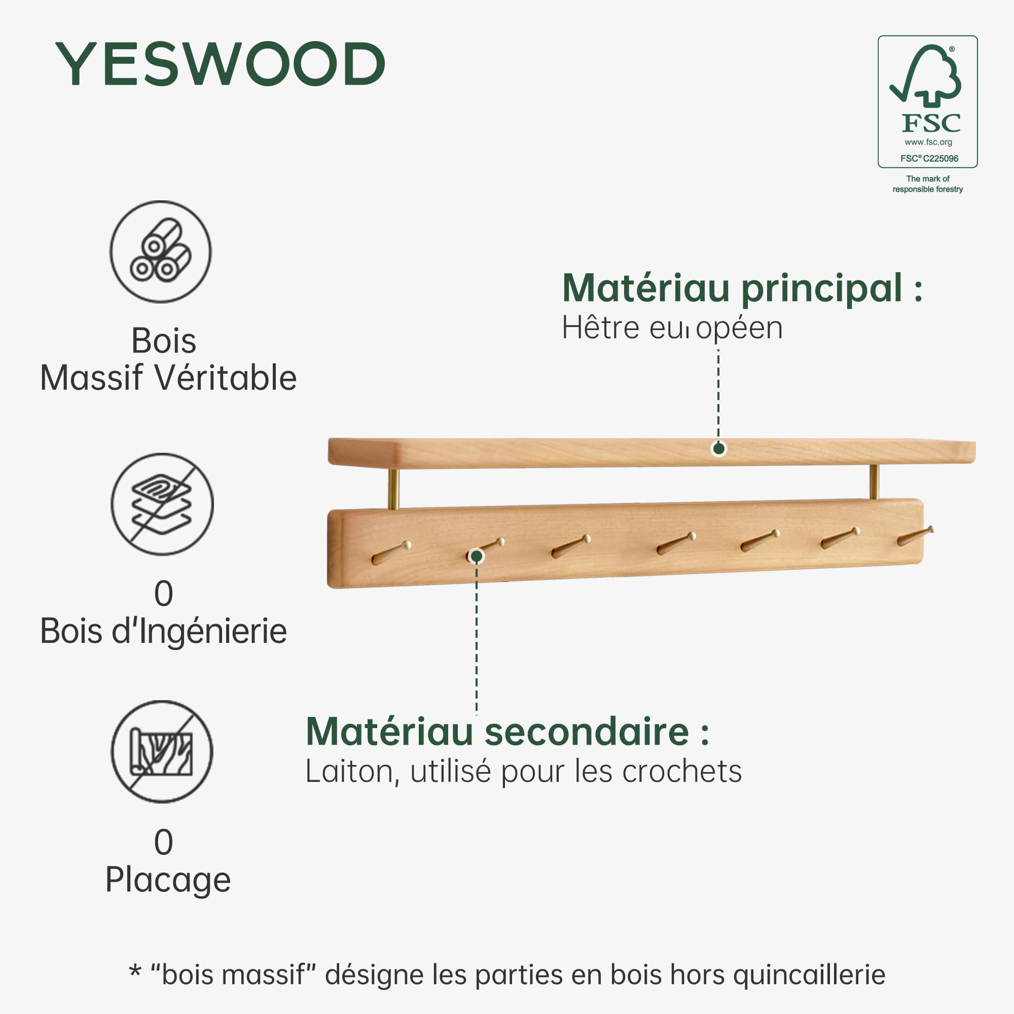 YESWOOD Porte Manteau Mural en Hêtre Massif, 7 Crohets en Laiton, Porte Clé Mural avec Étagère, Patère Mural pour Vêtements, Chapeaux, Serviettes, Hêtre Naturel
