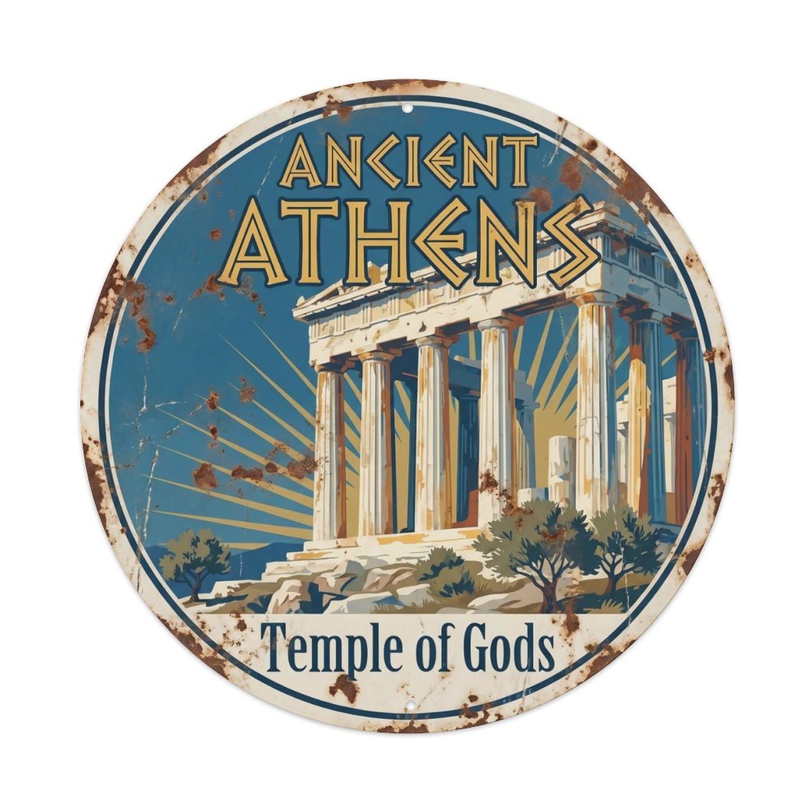 Vintage Travel Greek Temple Athens Metal Tin Sign Plaque Wall Decor for Cafe, Club, Garden Round Metal Poster 8x8Inch
