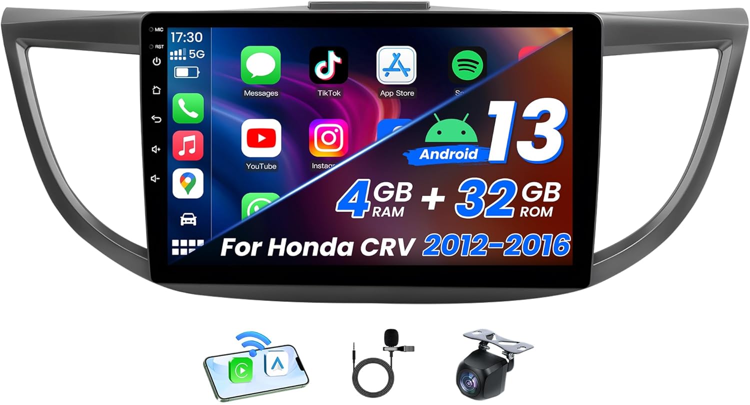 8Core Android 13 Car Radio for Honda CRV 2012-2016: 10 Inch 1280 * 800 IPS Touch Screen CRV Car Stereo with Wireless CarPlay/Android Auto, GPS, DSP, Bluetooth, Backup Camera, SWC
