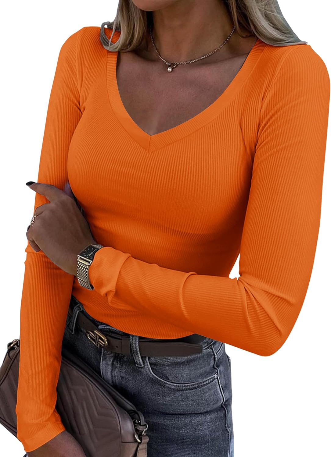 Roselux Womens Long Sleeve V Neck Ribbed Knit Fitted Casual Tops Tee Slim Basic Shirt