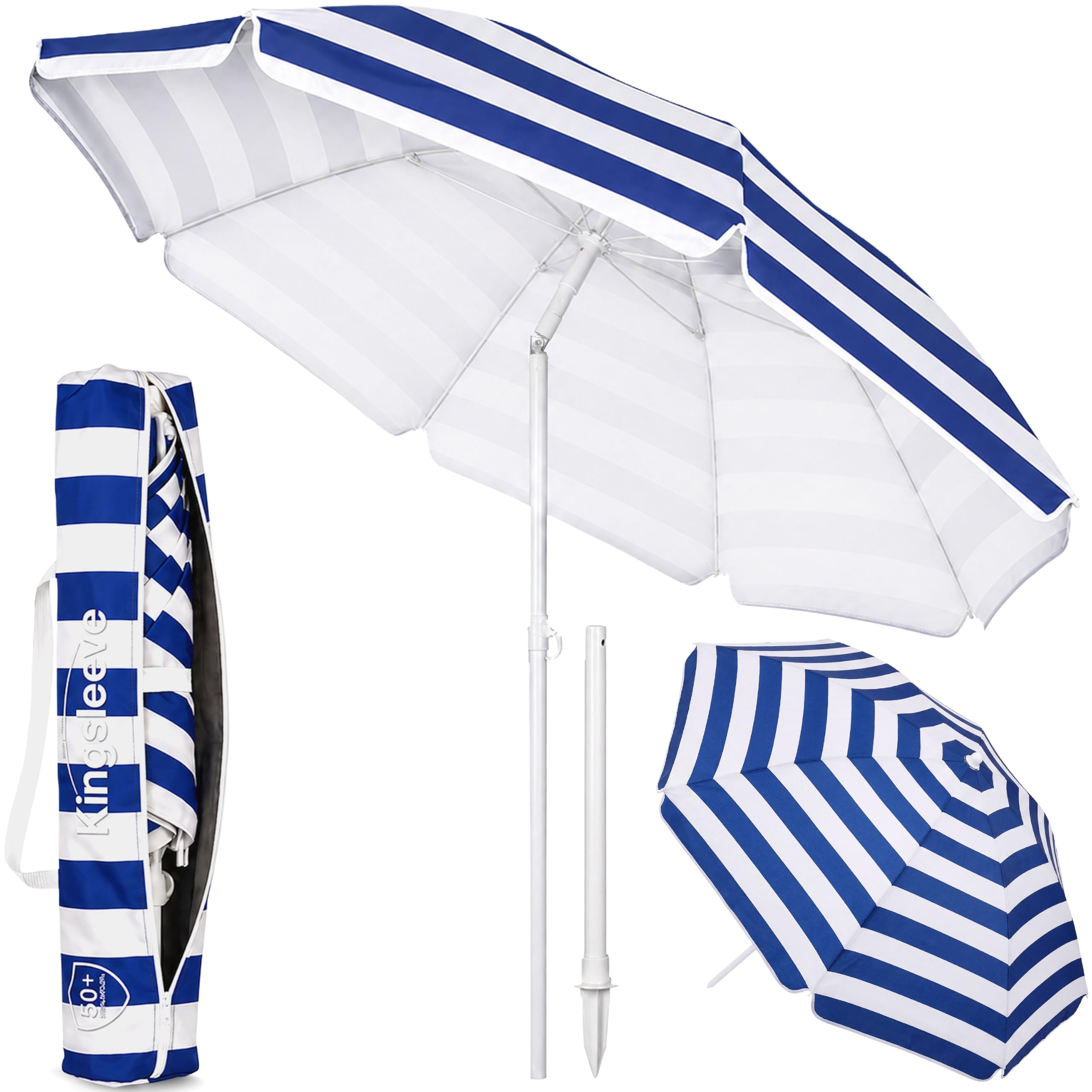 Kingsleeve Blue/White Kingsleeve® 180Cm Parasol Uv50+ Garden Parasol Uv Umbrella, Height Adjustable 1.8M Beach Umbrella With Tilt Function Carry Bag & Ground Spike, Sun Shades For Garden Balcony Beach Umbrellas