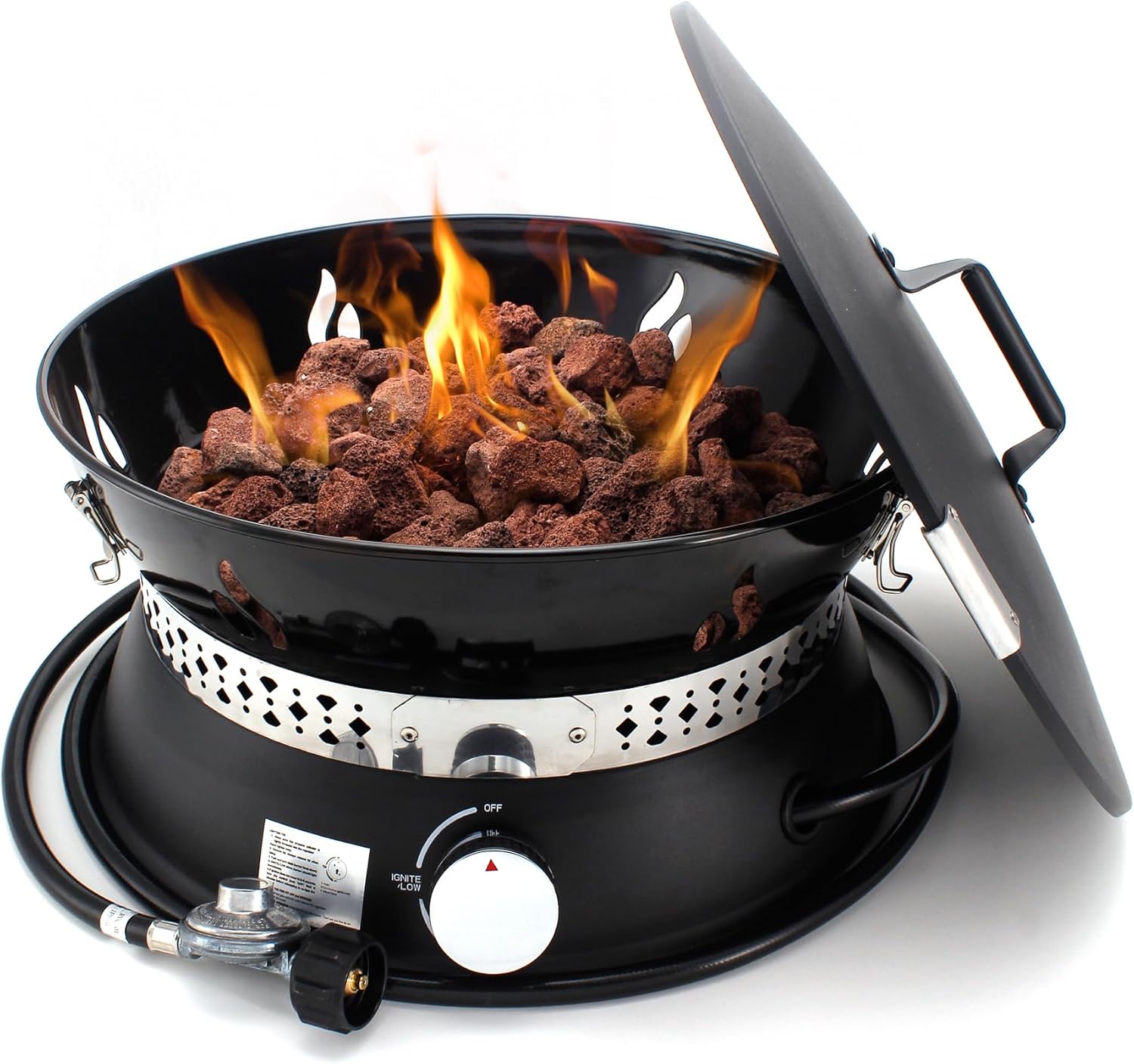 19" Propane Gas Fire Pit with Auto Flame-Out Gas Shut-Off, Portable with Lid & Carry Handle, 58,000 BTU, 10 FT Hose, 8 lb Lava Rocks for Camping, RV, Patio, Backyard,Propane Fire Pit for Camping