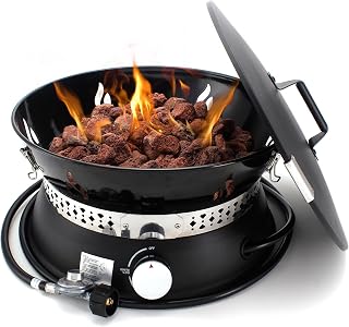 Leisure Stay 19" Portable Propane Fire Pit, 58,000 BTU Auto Flame-Out Shut-Off, Lid & Carry Handle, 10FT Hose, 8lb Lava Rocks for Camping RV Patio