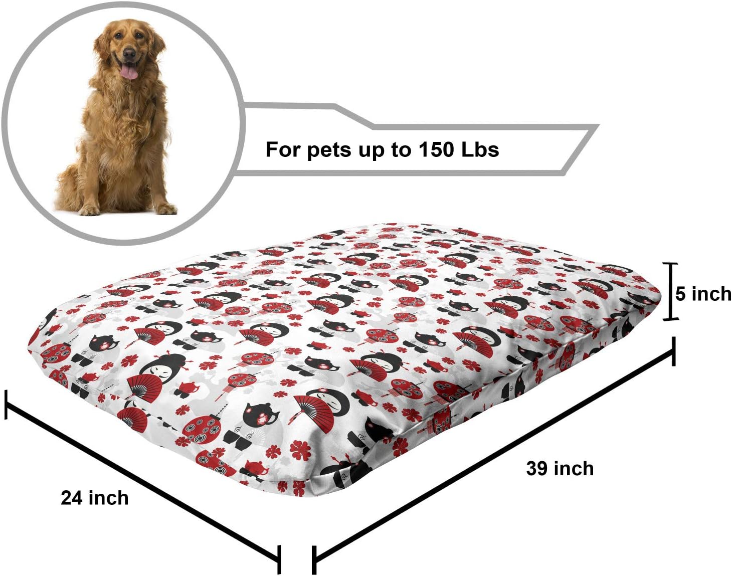 review Lunarable Oriental Pet Bed, Geisha with Japanese Fan Chinese Traditional Tea Pot Floral Graphic Design, Chew Resistant Pad for Dogs and Cats Cushion with Removable Cover, 24