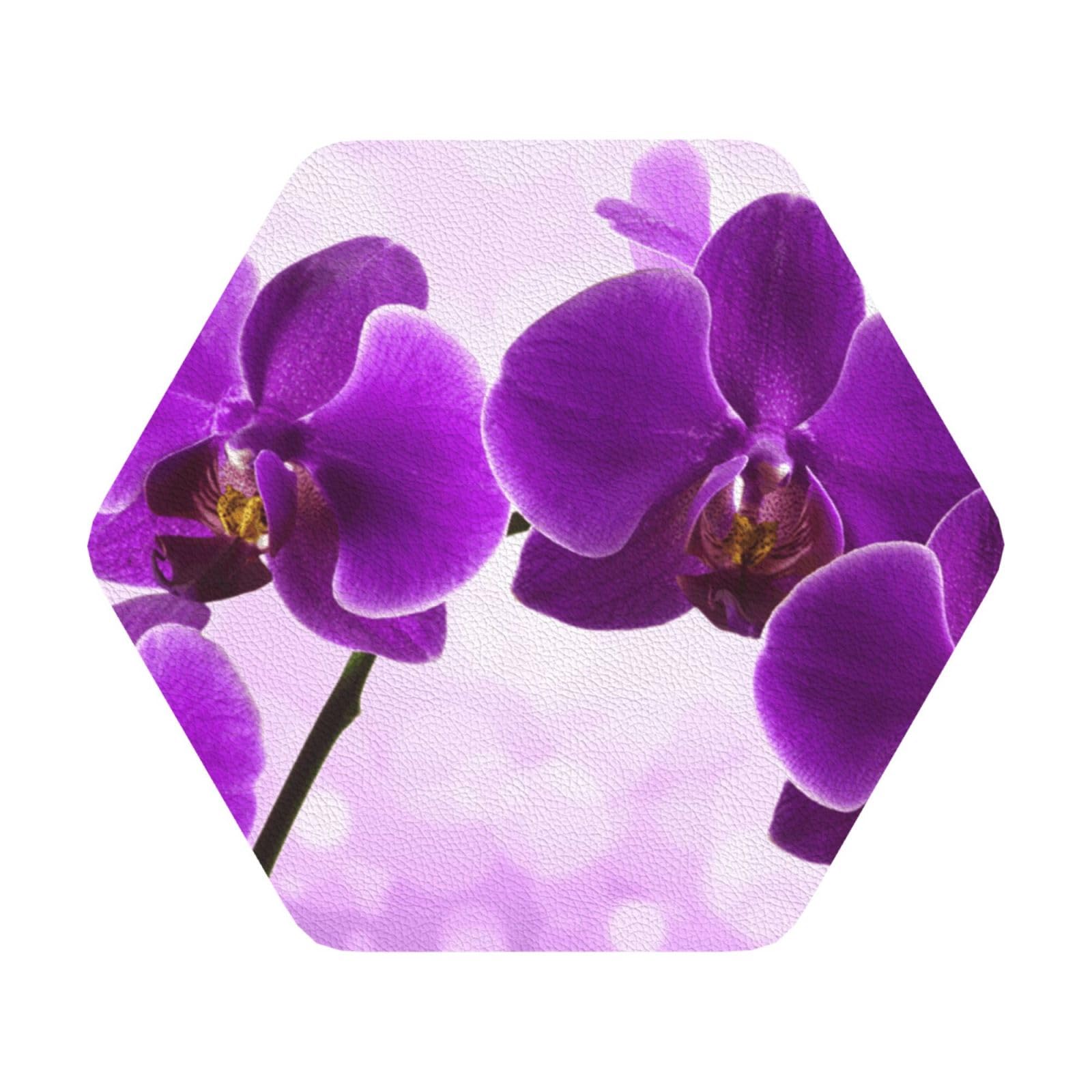 Purple flower PU Leather Coasters Set of 6 Hexagon Drink Coasters
