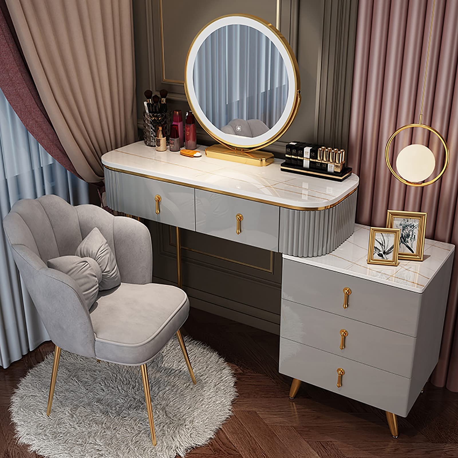 asdchZen Adjustable Makeup Vanity Desk Set With Led Lights Gray Dressing Table With Cushioned Stool For Bedroom & Studio 31.5 Inch Modern Furniture