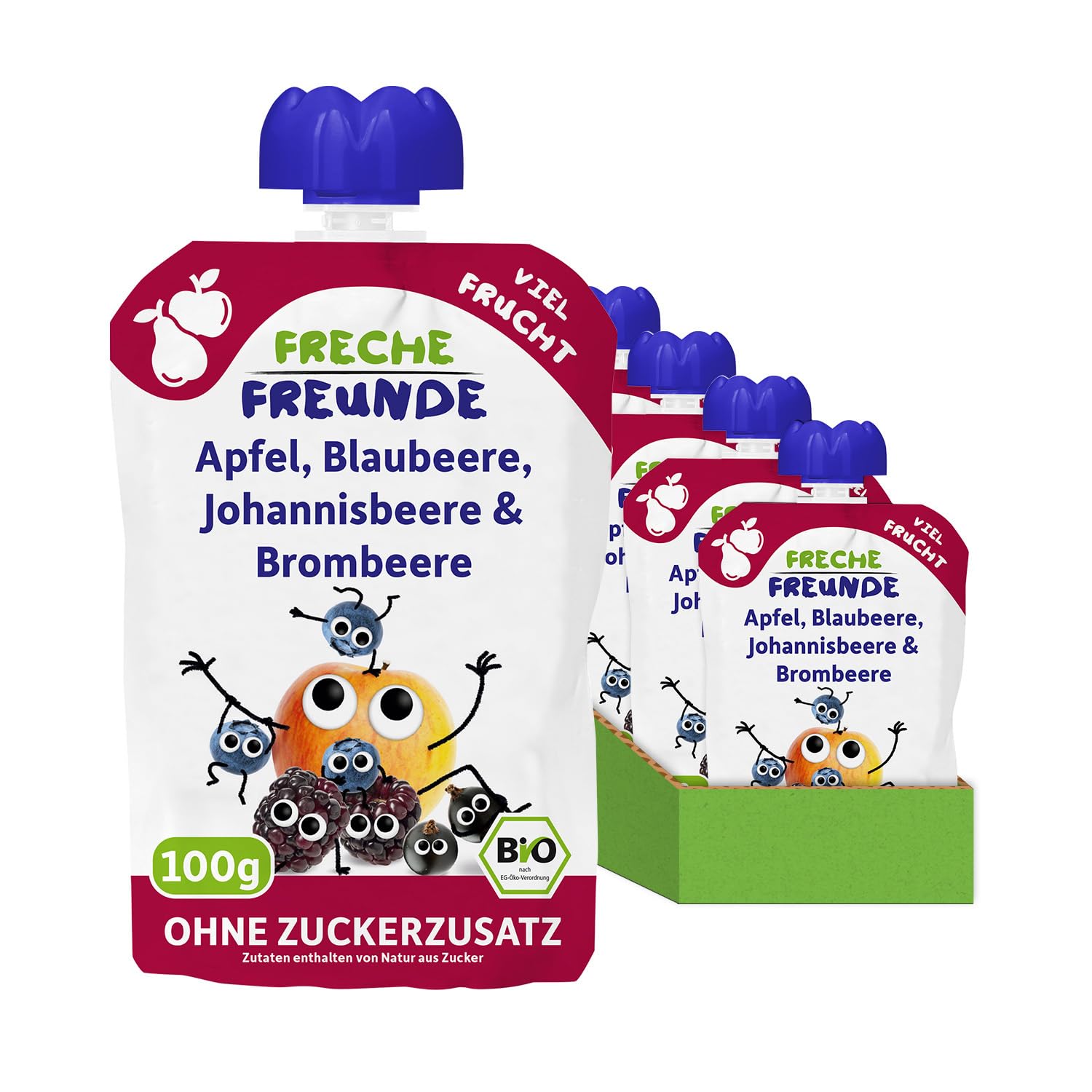 FRECHE FREUNDE Bio Quetschie Apfel, Blaubeere, Johannisbeere & Brombeere, Fruchtmus mit Obst im Quetschbeutel für Babys ab dem 6. Monat, vegan, 6er Pack (6 x 100g)