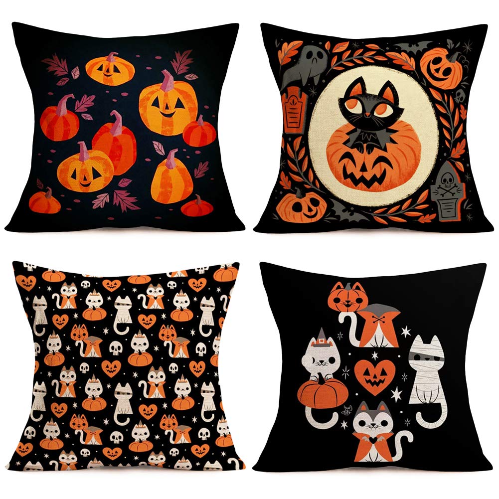 Fukeen Set of 4 Halloween Party Throw Pillow Covers Cute Cat Pumpkin Maple Leaf Ghost Decorative Pillow Cases Cotton Linen Square 18”x18” Pillow Shams Cushion Cover Home Kids Room Decor, Black Orange