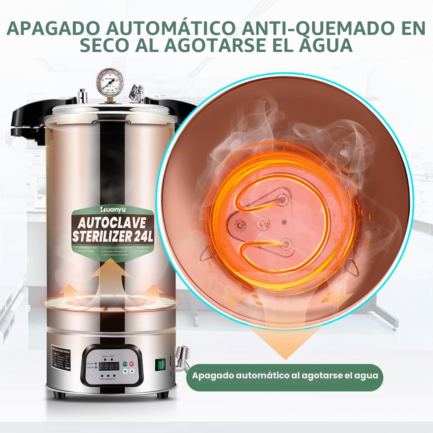 Huanyu 24L Autoclave Esterilizador Automático Autoclave de Vapor Control Inteligente Autoclaves Eléctricos de Laboratorio Esterilizador de Vapor de Alta Presión Ajustable en Temperatura y Tiempo