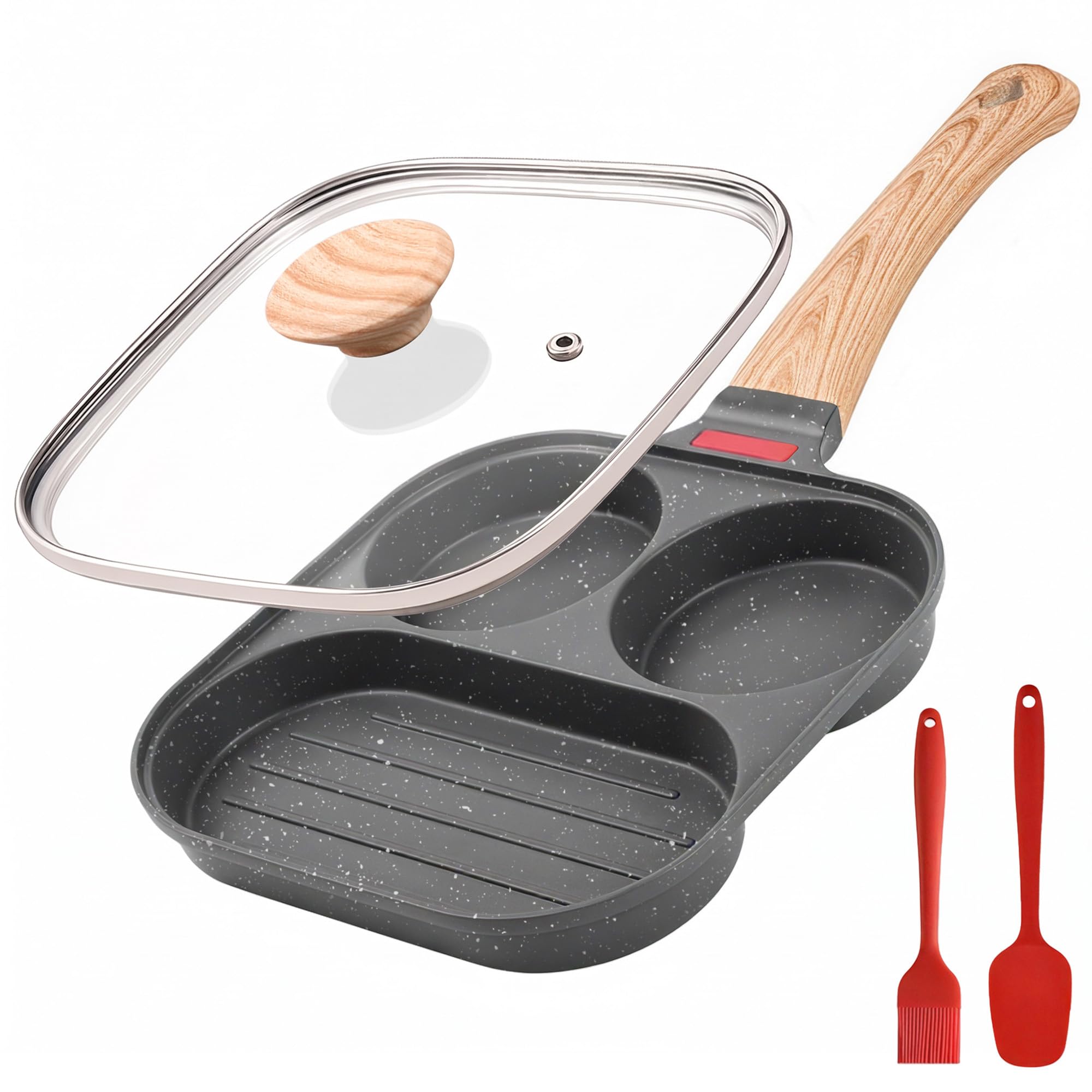 Egg Pan with Lid 3 Cup Nonstick Egg Frying Pan Omelette Skillet | Aluminum Omelet Pan with Glass Lid and Spatula, and Silicone Brush. Works for Breakfast Eggs, Bacon, and Mini Pancakes.