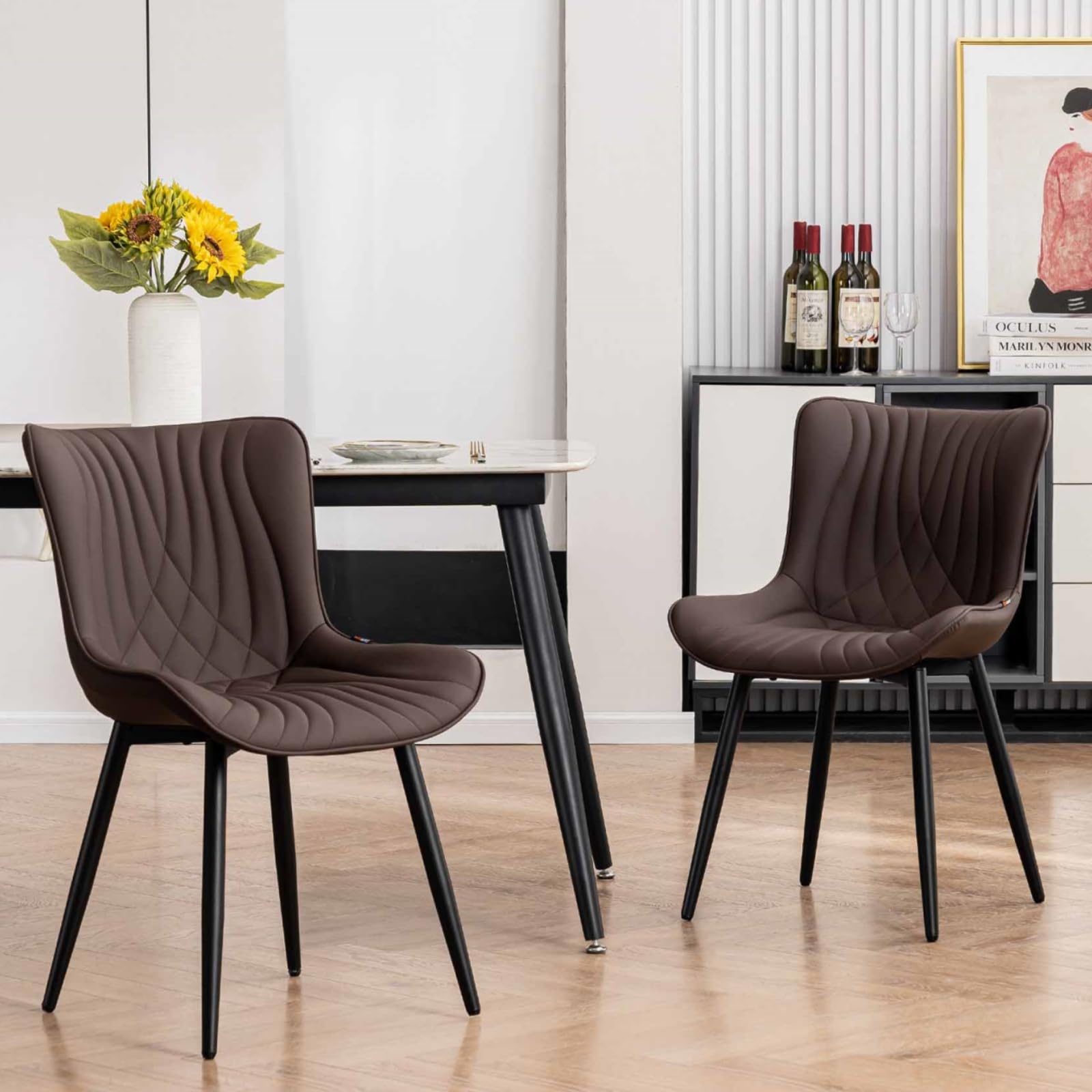 Kidol&Shellder - Juego de 2 sillas de comedor tapizadas de piel sintética moderna de mediados de siglo con respaldo, ergonómicas sin brazos y sillas de sala de estar con patas de metal 3