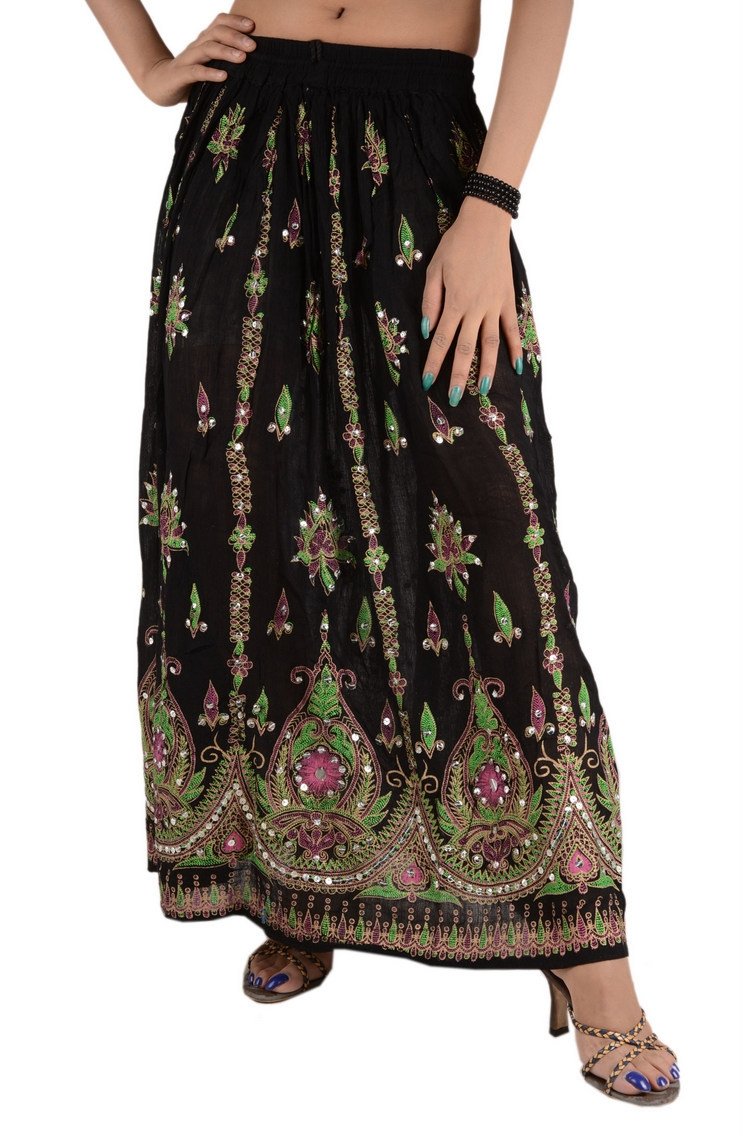 SNS Sequin Long Maxi Elastic Skirt,Black & Green,One Size
