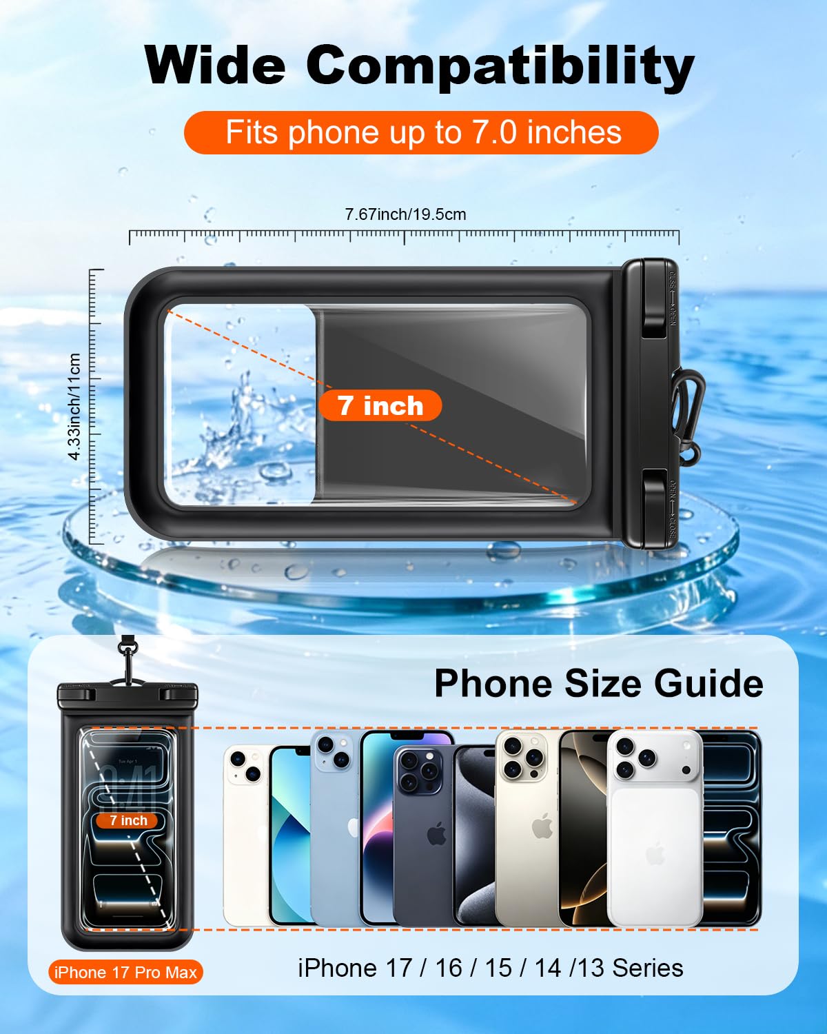 Schwimmende wasserdichte Handytasche, 2 Stück, IP68 wasserdichte Handyhülle mit Umhängeband für Handys bis zu 17,8 cm, für iPhone 17, 16 Pro Max, Handy-Trockentasche für Strand, Pool, Kajak