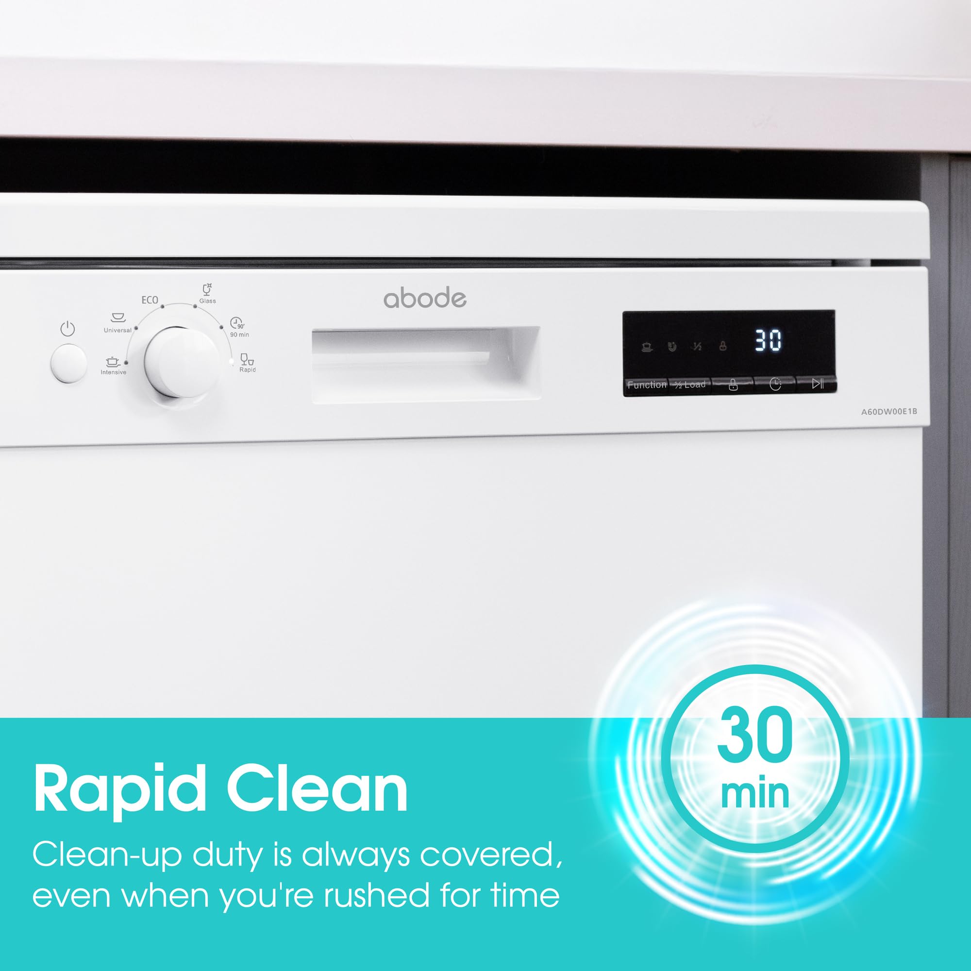 Abode Freestanding Dishwasher Class E with 12 Place Settings, 6 Wash Programs, 24-Hour Delay Start, Removable Cutlery Basket & Deep Clean Function in White A60DW00E1W — view 8