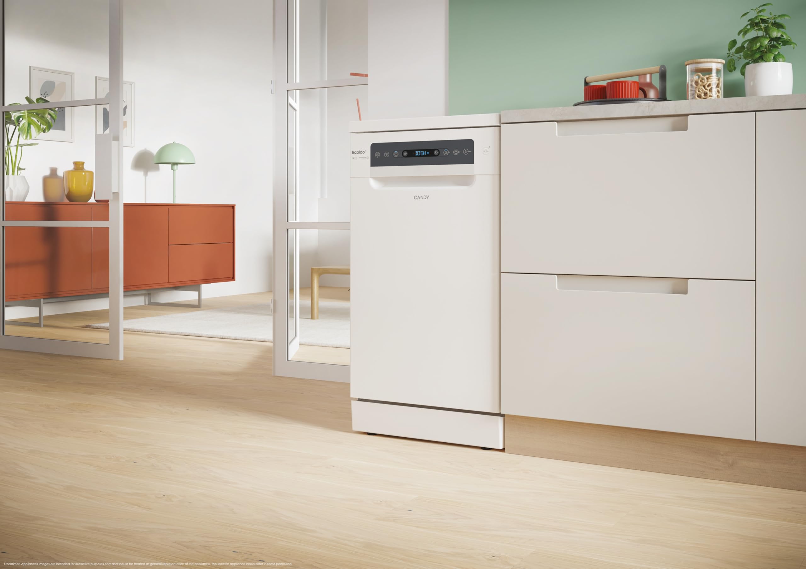 Candy Rapidò CF0C7SB0FW Lave-vaisselle, 45 cm, 10 services, numérique, Wi-Fi, 8 programmes, technologie antibactérienne, 47 dB, indicateur sel et rinçage, panier supérieur réglable, départ différé