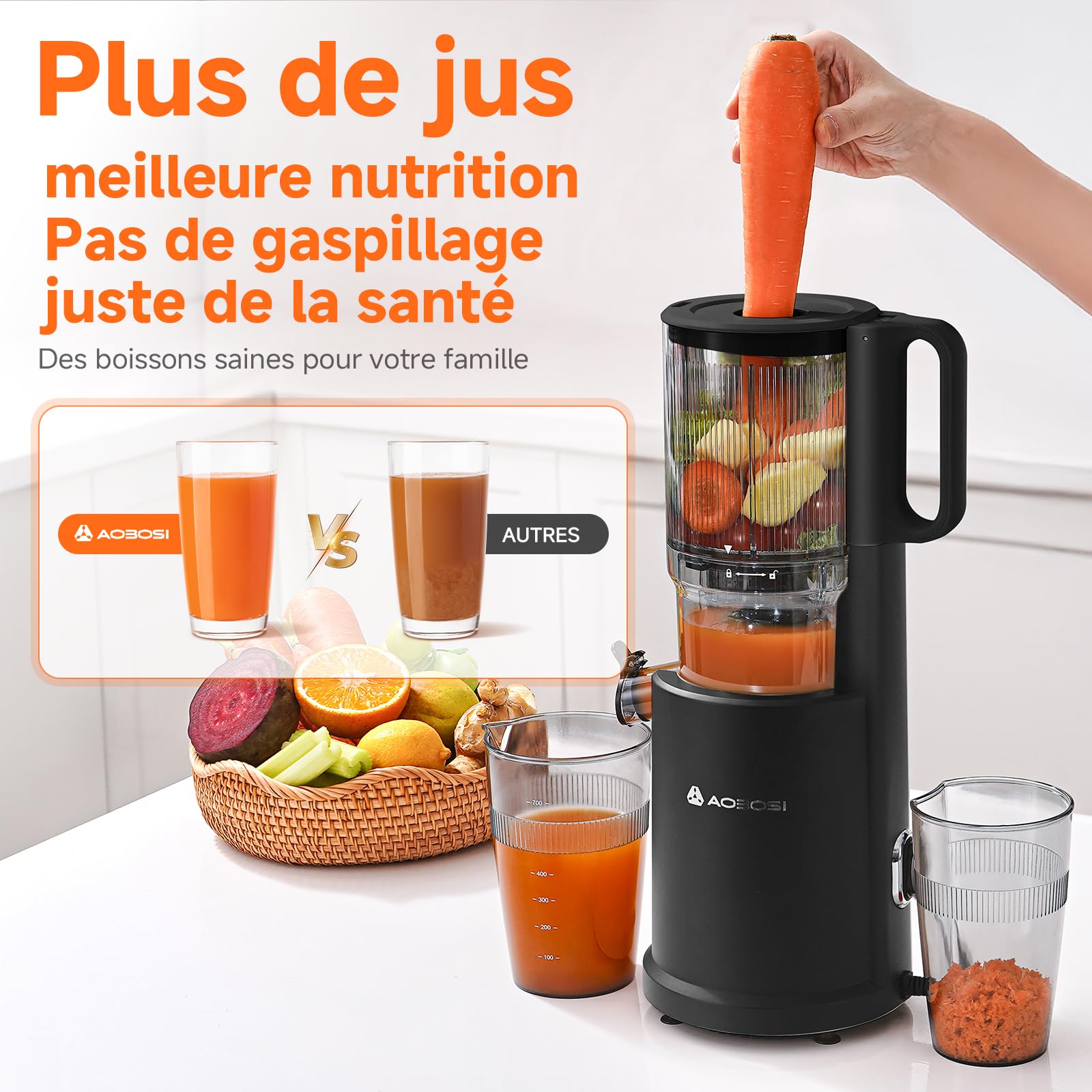 AOBOSI Extracteur de jus 135 mm XXL 90 tr/min moteur cuivre silencieux sans BPA
