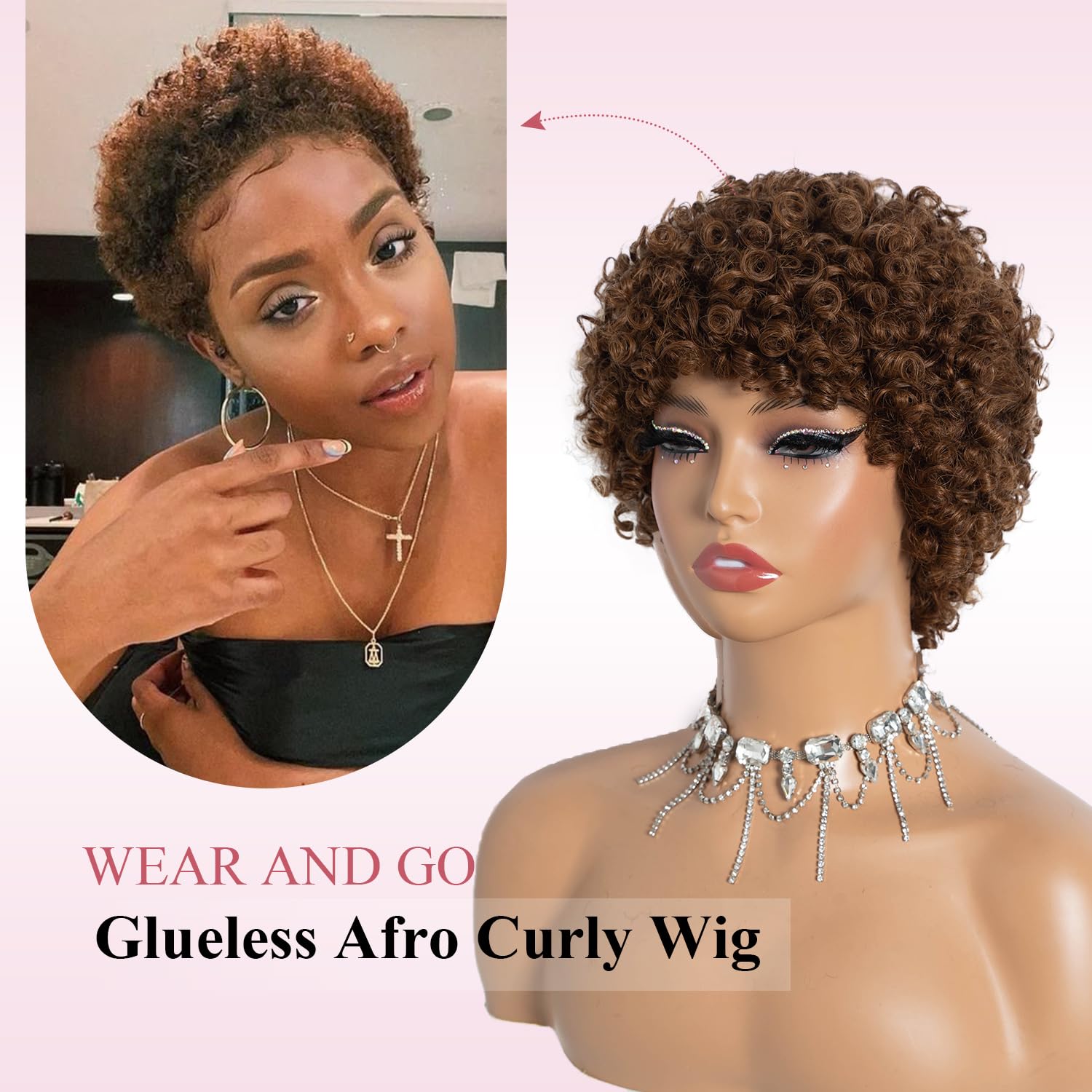 Style Icon Short Afro Curly Hair Wig for Black Women Human Hair Pixie Cut Afro Curl Wig Full and Fluffy Natural Looking Glueless Wear to Go Brown Color (30) - Image 2