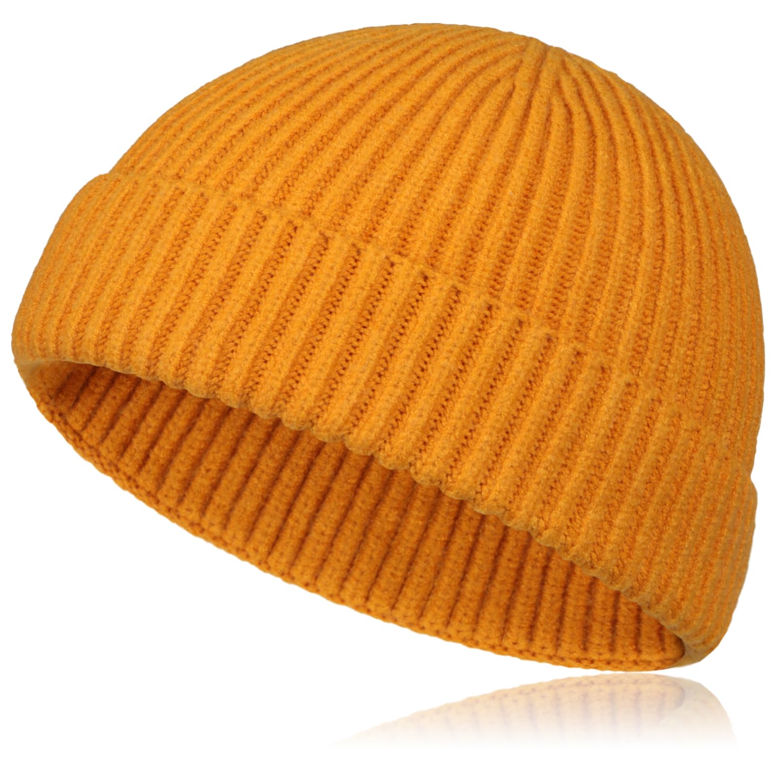 Samserot Wool Short Fisherman Beanie for Men Women, Knit Cuff Trawler Beanie Caps Winter Warm Hats Yellow