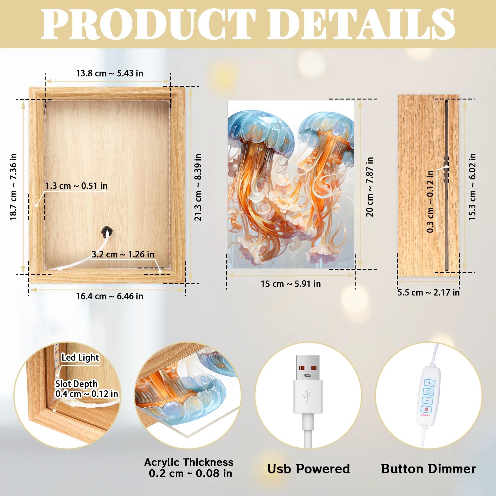 Light Up Painting, Artistic Jellyfish Wall Art Picture Light Mystical Jellyfish Light Up Art Decor, 10 Brightness USB Powered 3 Lighting Modes, Anxiety Relief Gift for Bedroom Home-Without Frame